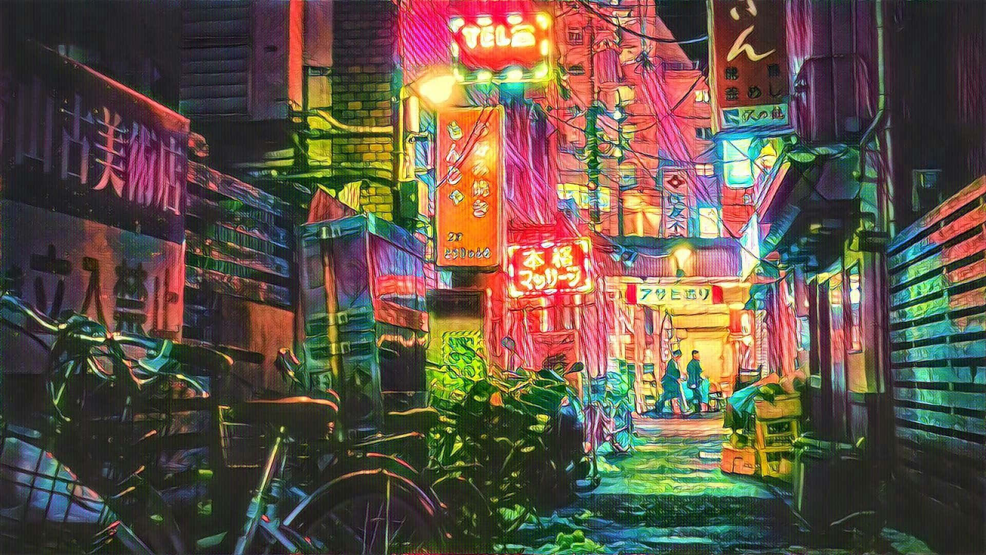東京背景：擠滿自行車的街巷 壁紙 — 充滿活力的霓虹燈招牌照亮了夜晚東京一條狹窄的小巷，粉紅色、綠色和黃色的光芒在潮濕的人行道上反射。