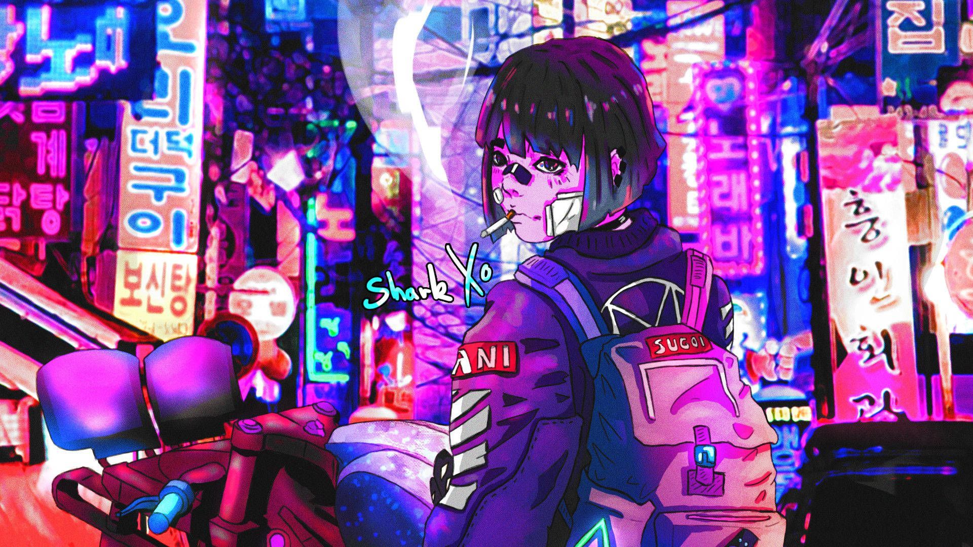 動漫女孩在夜晚霓虹燈閃爍的韓國賽博龐克街道上抽煙。