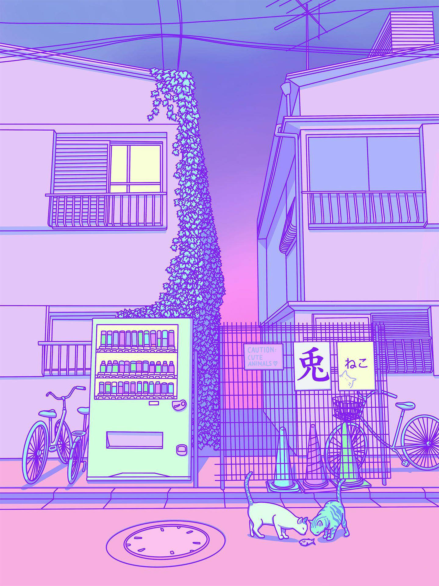 兩隻貓在風格化的日本小巷中靠近自動販賣機玩耍。