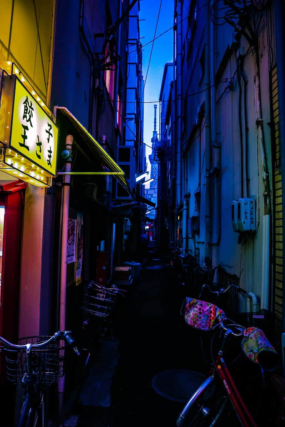 東京霓虹燈小巷，黃昏時有自行車和發光招牌。