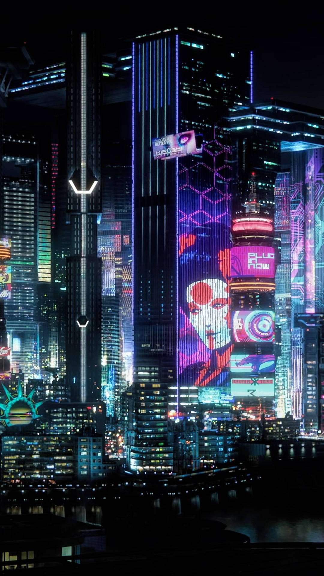 東京賽博龐克都市夜景 壁紙 — 夜晚霓虹燈閃爍的賽博龐克城市景觀，高聳的摩天大樓展示著充滿活力的數位廣告牌和全息投影。