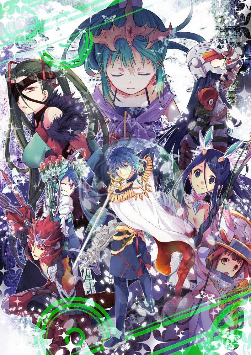 東京迷城 閃耀角色 壁紙 — 一幅充滿活力的動漫插圖，描繪多個奇幻角色，帶有發光的綠色能量和閃爍效果，背景混亂。