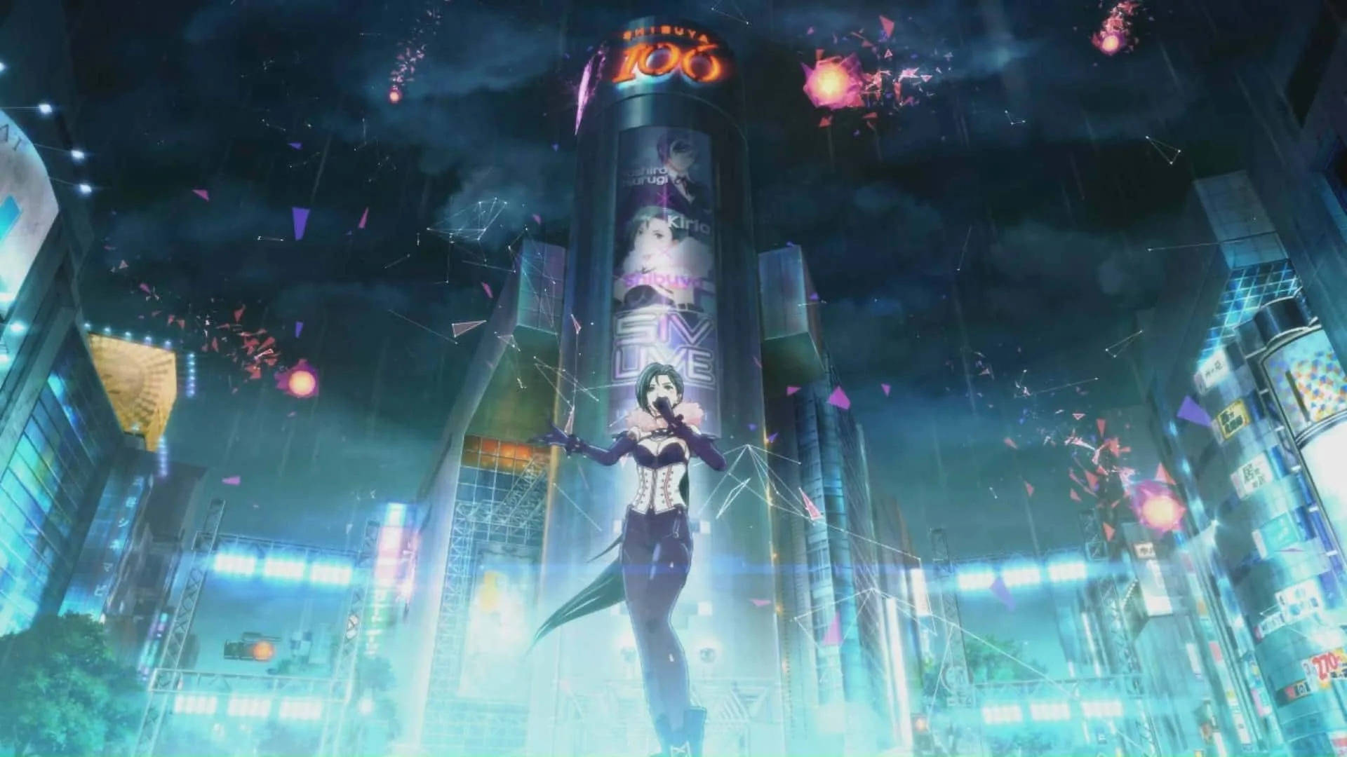東京迷幻會話 奇莉亞 唱歌 壁紙 — 一個女性動漫角色站在霓虹燈照亮的未來城市景觀中，背景是下雨的夜空，漂浮著粉紅色粒子。