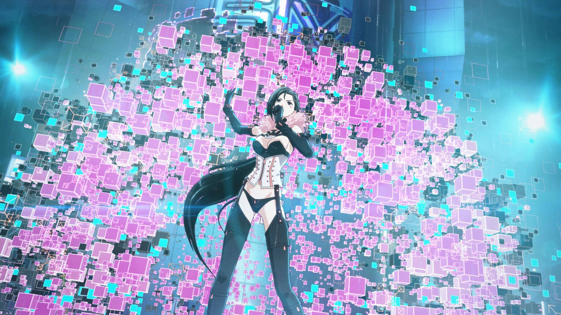東京迷幻會話 奇莉亞 粉紅方塊 壁紙 — 一位黑髮動漫女孩穿著束腰服裝，站在未來場景中發光的粉紅色和青色數位立方體爆炸之中。