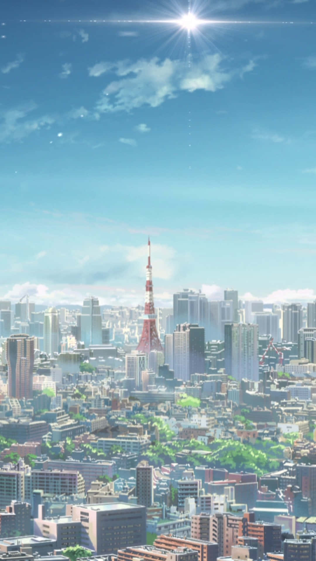 東京天際線，東京塔在明亮的陽光和藍天下。