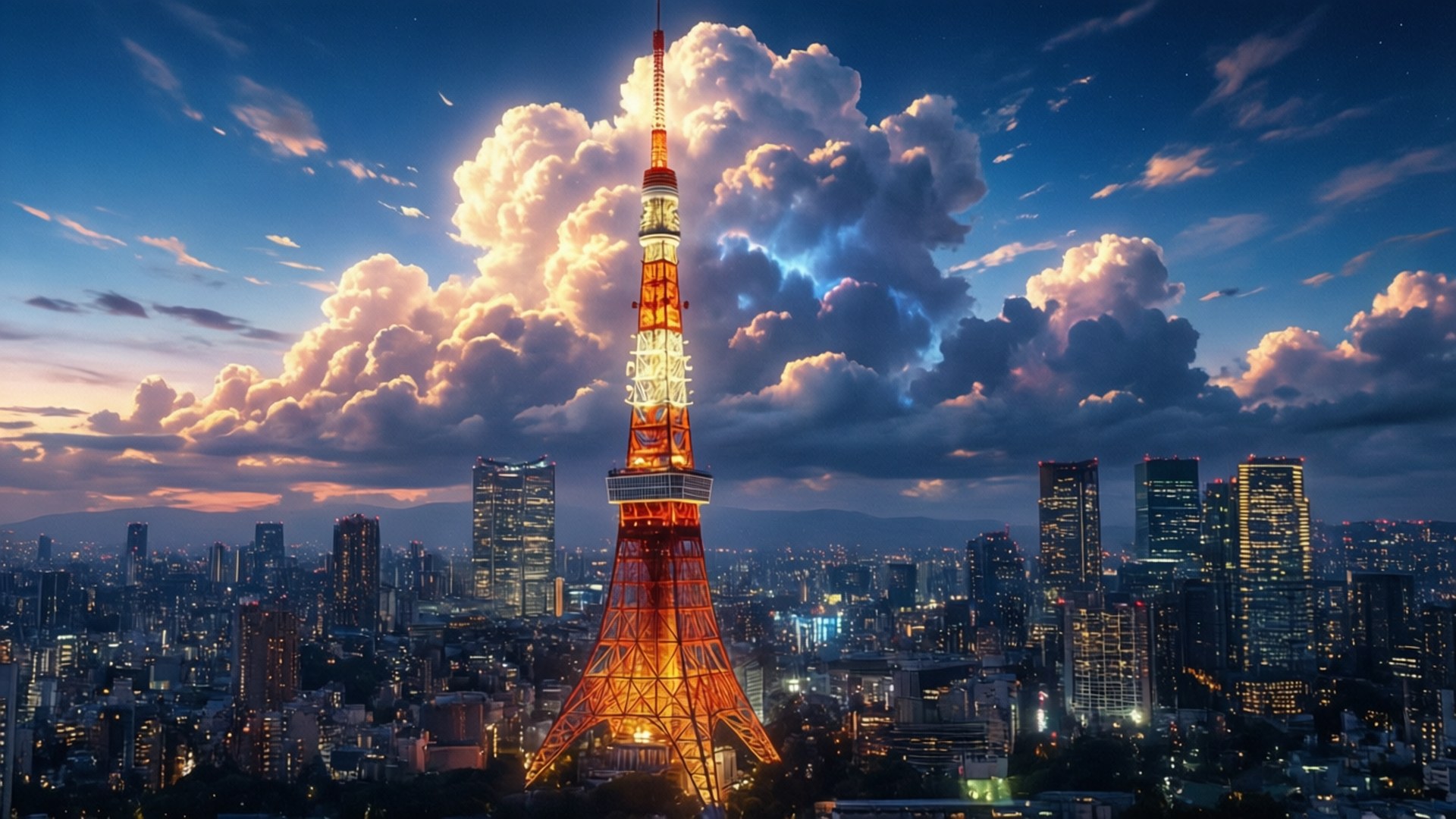 黃昏時分點亮的東京鐵塔，伴隨著城市燈光與多彩雲霞。