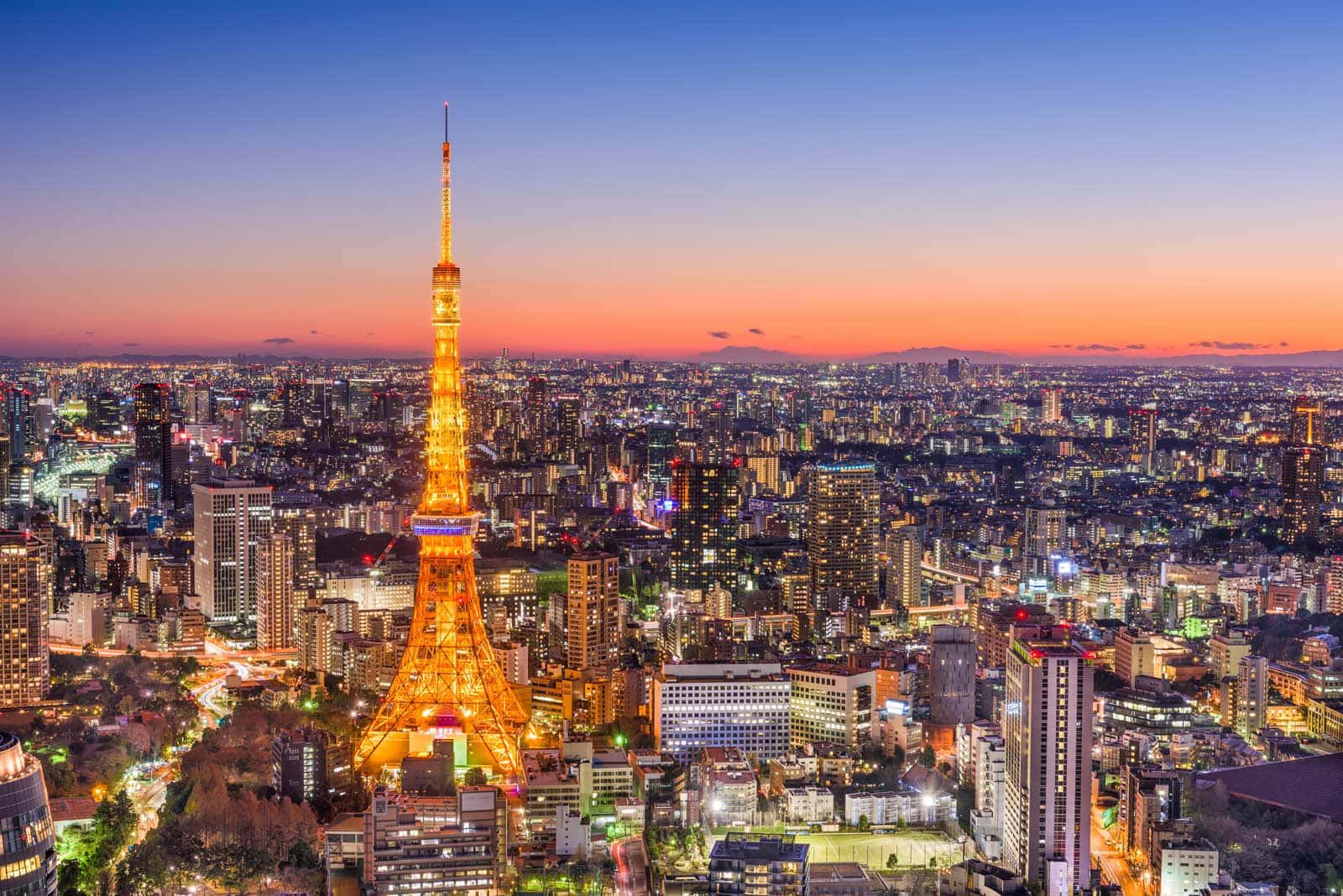 黃昏時分，東京鐵塔在密集城市上空亮起。