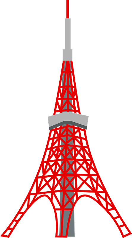 東京鐵塔經典建築 壁紙 — 一座風格化的紅色東京鐵塔，帶有灰色點綴，在柔和的青綠色背景上高高聳立。