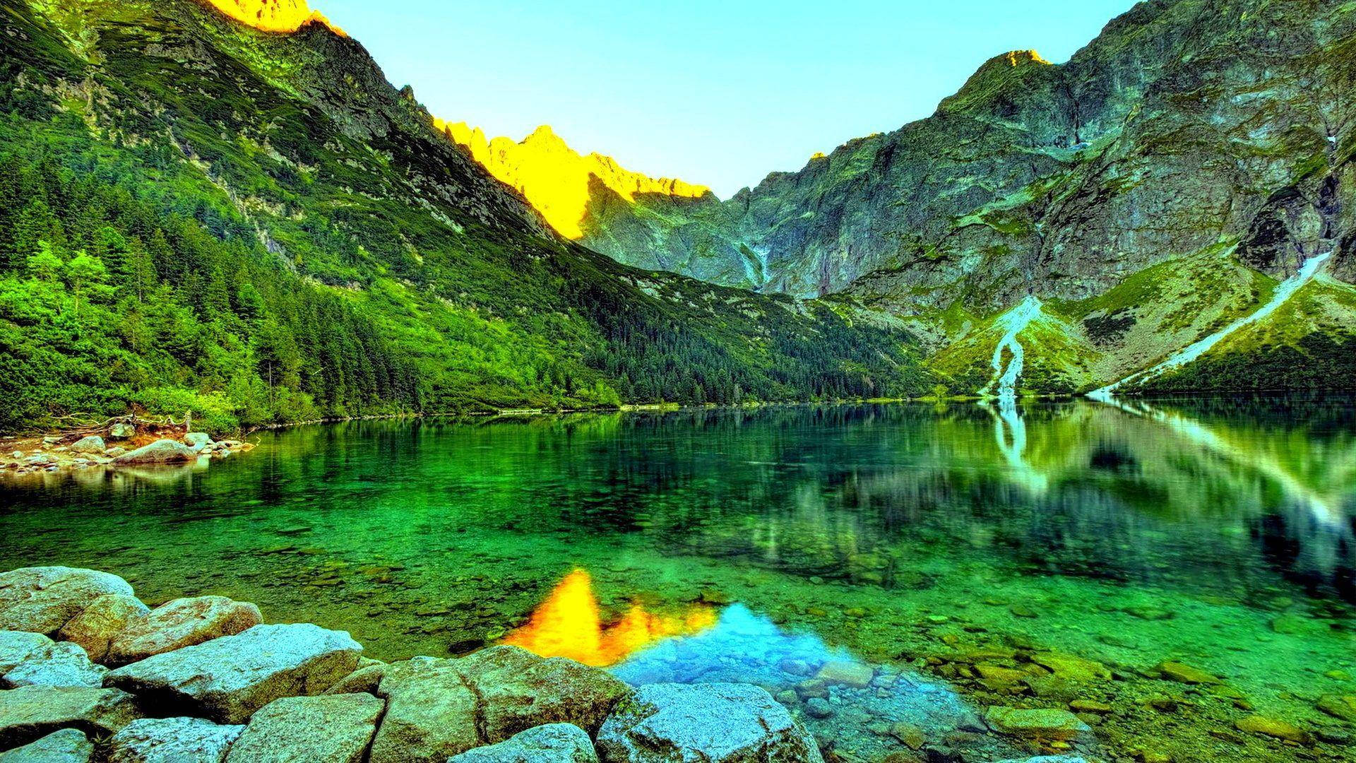 東加湖畔山景 壁紙 — 一個充滿活力的山湖在清澈的藍天下反射出金色的山峰和茂密的綠色森林。