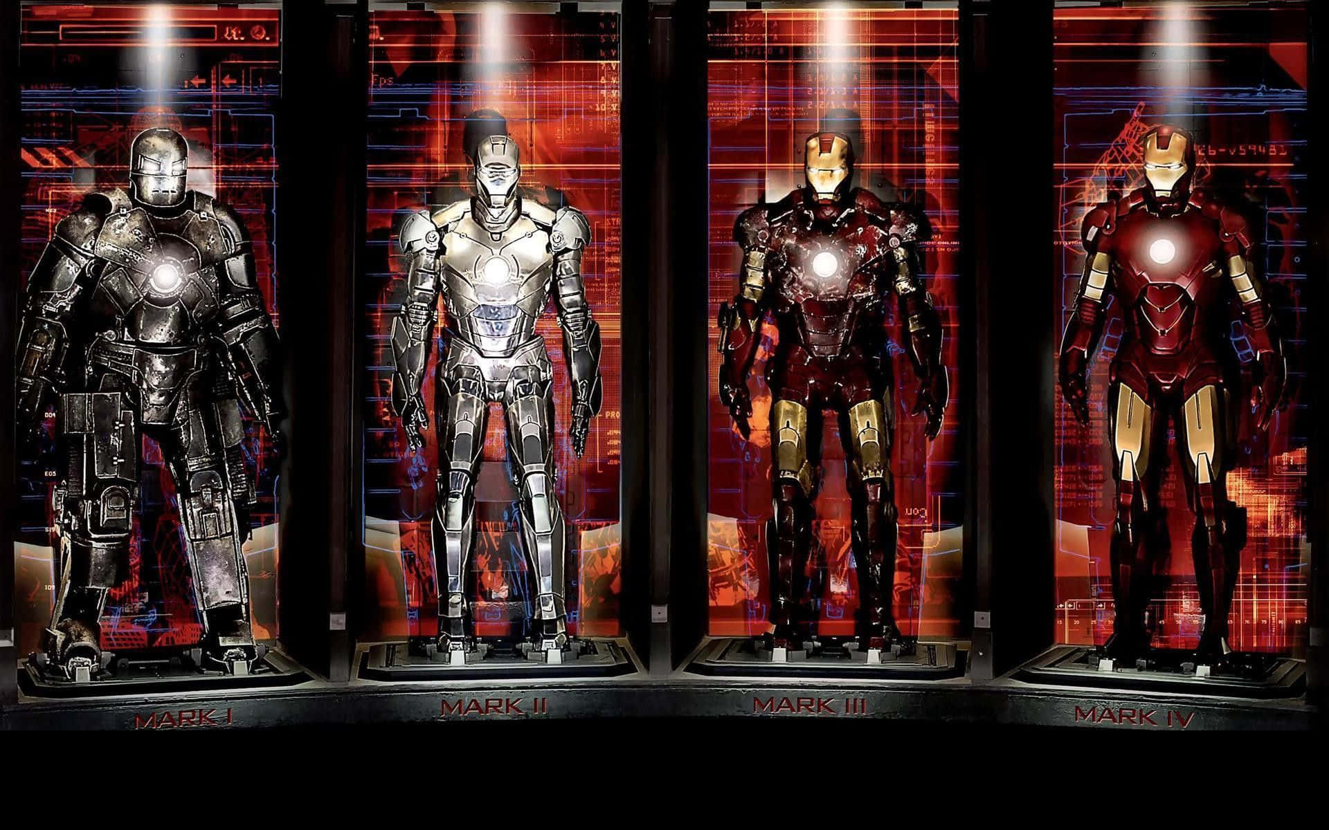 東尼·史塔克在鋼鐵人3中翱翔天際 壁紙 — 四套 Iron Man 戰甲 Mark I 至 Mark IV 在聚光燈下陳列於玻璃展櫃中，背景為發光的紅色科技背景。