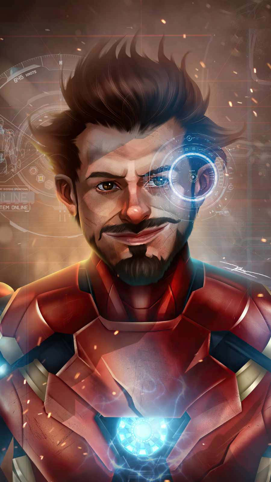 Iron Man Art 桌布 壁紙 — 東尼·史塔克穿著紅金色鐵甲奇俠戰甲，配備發光弧形反應堆和HUD界面的數碼藝術肖像。