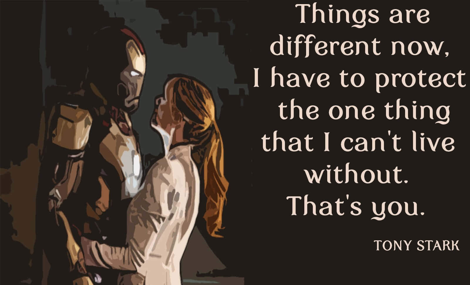 Iron Man Quotes 桌布 壁紙 — 東尼·史塔克穿著鋼鐵人戰甲，在深色紋理背景前，伴隨著一句令人動容的引言，溫柔地擁抱佩珀·波茨。