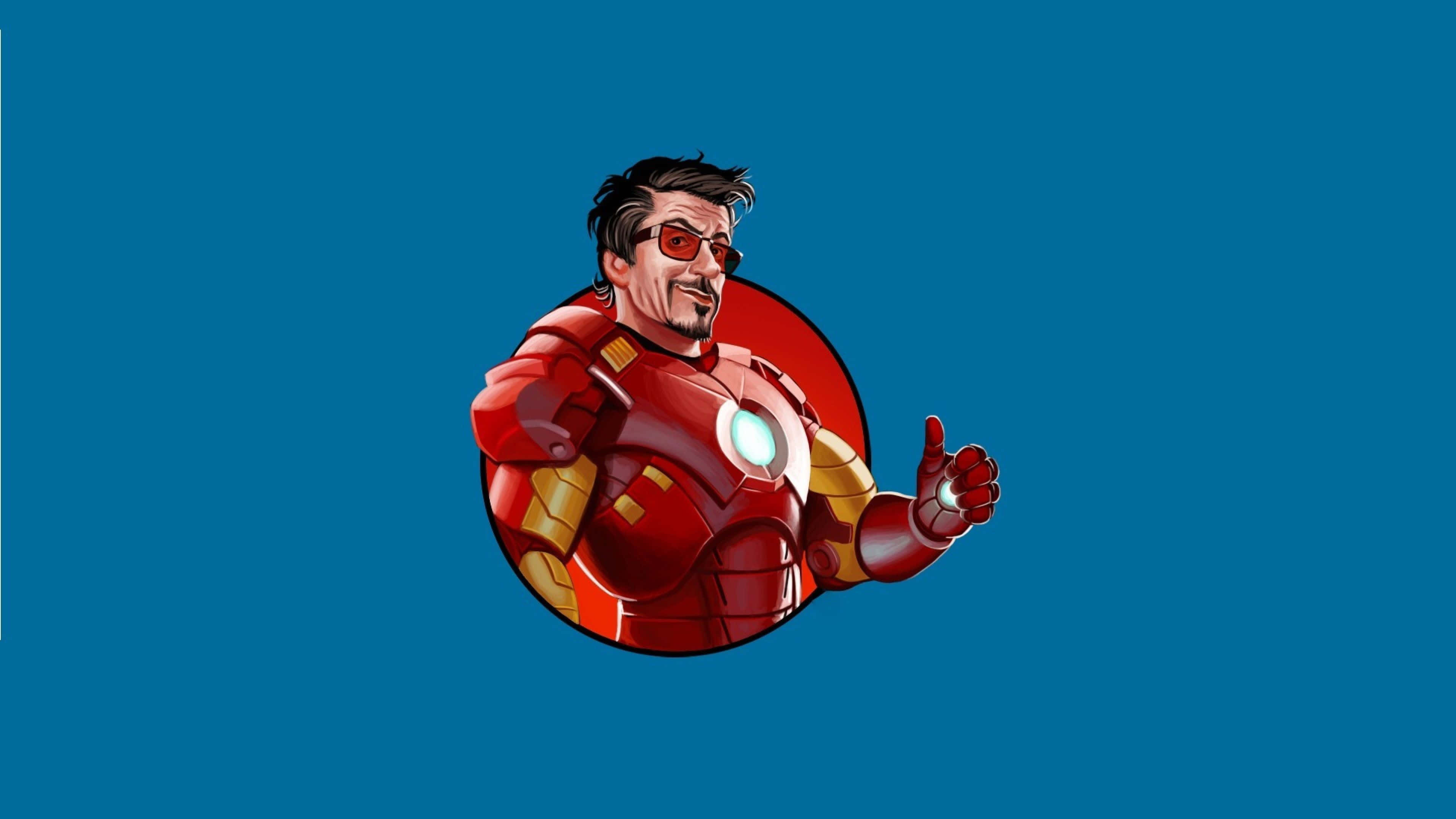 Iron Man Art 桌布 壁紙 — 東尼史塔克穿著紅金色鋼鐵人裝甲，在純藍色背景前豎起大拇指。