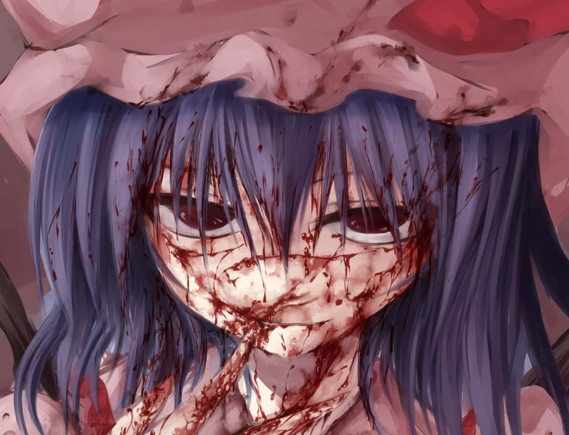 藍色頭髮、臉上和頭上有血的動漫女孩。