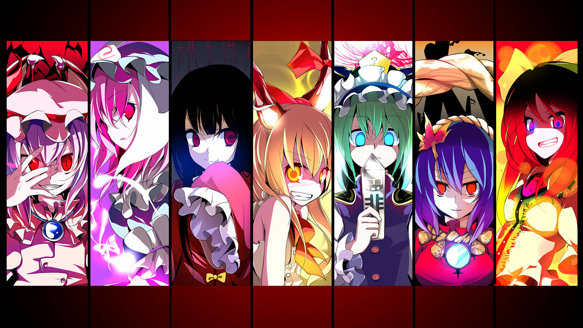 東方Project 動漫少女 壁紙 — 七位擁有鮮豔頭髮和發光眼睛的動漫女孩，站在深紅色背景的垂直面板中。