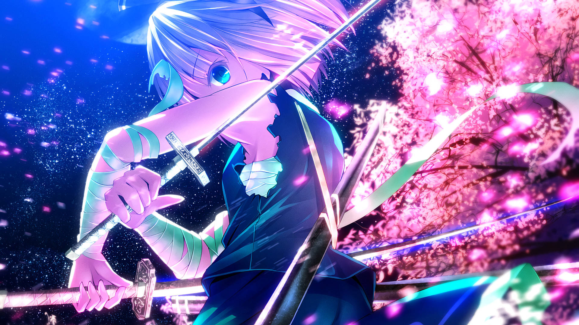 東方Project 由霧·紅葉 電玩版 壁紙 — 銀髮藍眼的動漫戰士在星空下揮舞著發光的劍，周圍是粉紅色的櫻花。