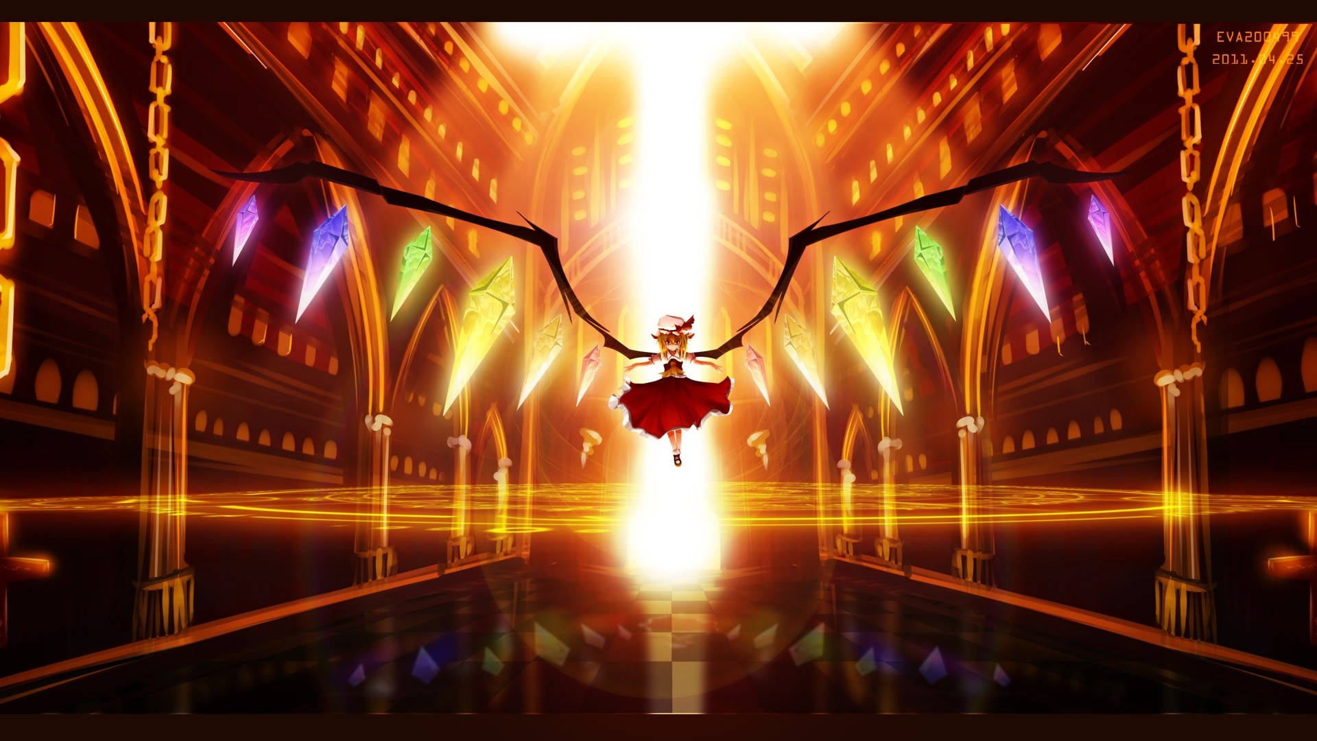 東方Project 赤紅弗蘭朵 壁紙 — 一個穿著紅色長袍、擁有蝙蝠翅膀的動漫女孩，漂浮在宏偉的大教堂中，沐浴在金色光芒和彩色玻璃窗下。