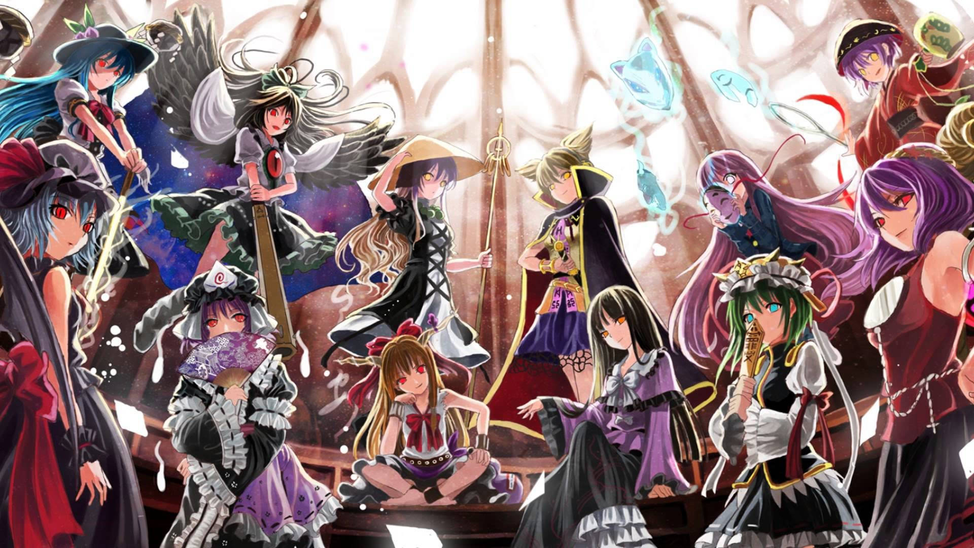 東方Project 遊戲角色 壁紙 — 一幅充滿活力的動漫插圖，描繪了一群多元化的奇幻角色，擁有色彩繽紛的頭髮和精緻的服裝，在發光的神秘背景前動態擺姿勢。