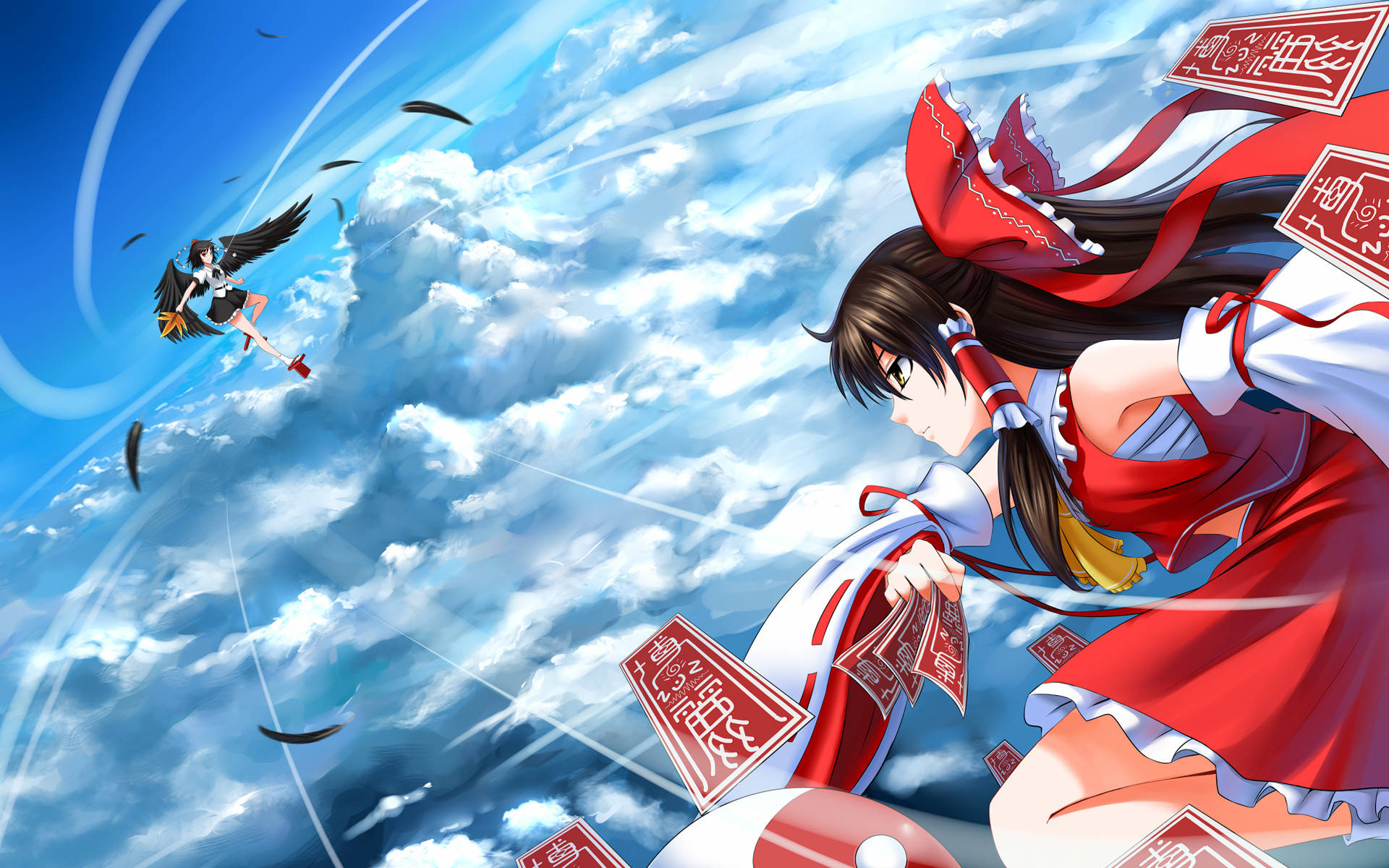 東方Project 霞理與亞也·羞美 壁紙 — 一位身穿紅袍、長長黑髮、繫著紅色絲帶的動漫女孩，手持漂浮的紅色卡片，背景是明亮的藍天、蓬鬆的白雲，還有一個有翼的身影飛走。