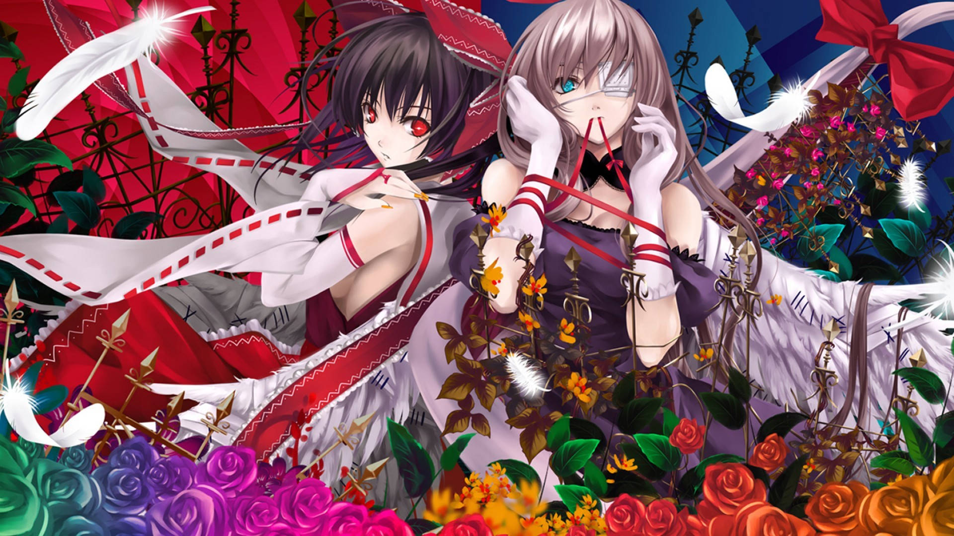 東方Project 霞理與八雲 壁紙 — 兩個紅眼白翼的動漫女孩，站在鮮豔的玫瑰和華麗的鐵藝之間，背景是戲劇性的紅色天空。