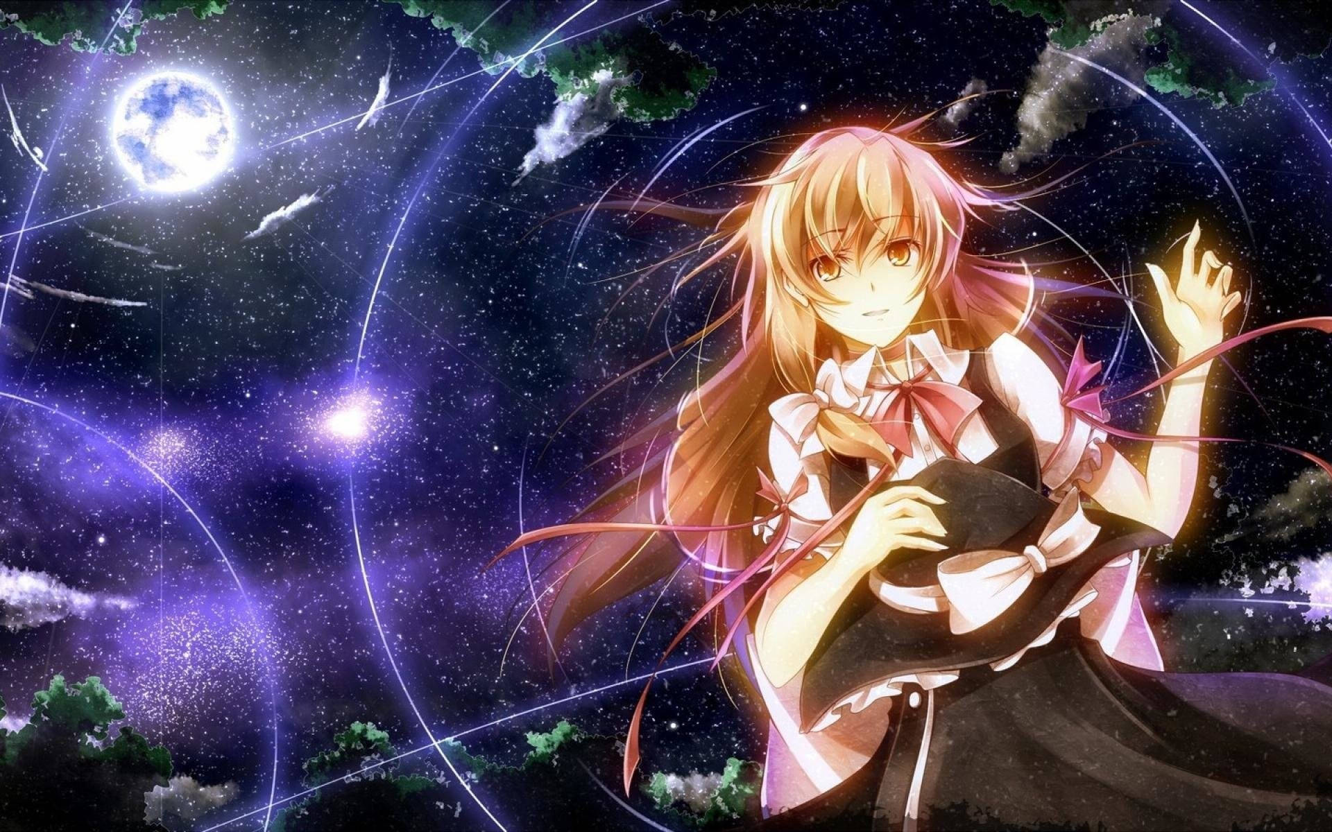 東方Project 馬莉莎·奇里薩美 壁紙 — 一個發光的動漫女孩，長髮飄逸，站在充滿星星和旋轉能量軌跡的宇宙夜空中。