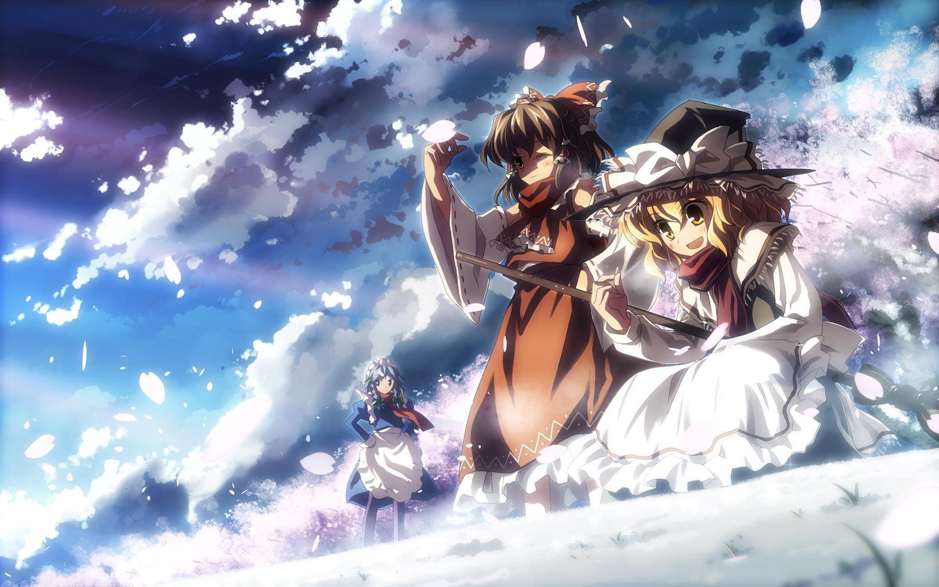 東方Project動漫女孩海報 壁紙 — 兩個穿著女僕裝的動漫女孩站在飄落的櫻花中，背景是帶有雲朵的戲劇性藍天。