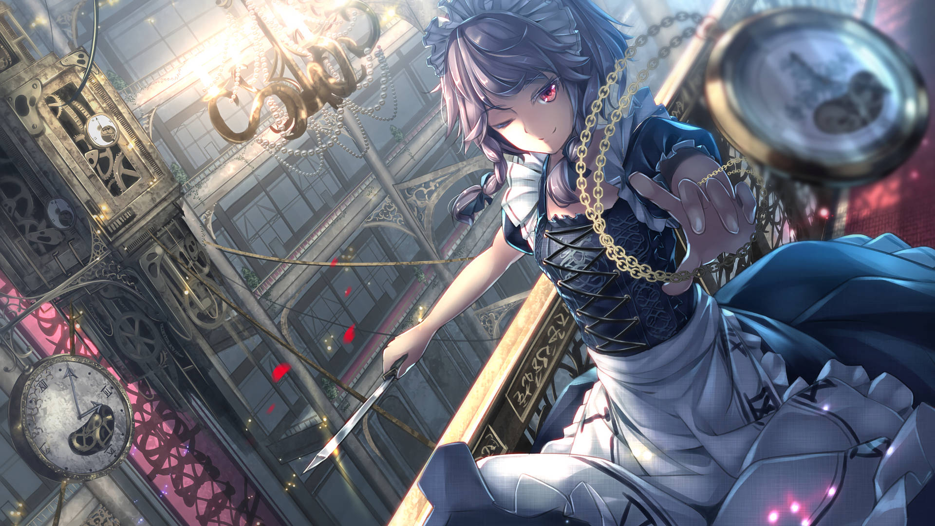 東方Project女僕角色伊吹萃香 壁紙 — 一個紫髮紅眼的蒸氣龐克動漫女孩，在發光的工業場景中，於漂浮的時鐘和齒輪之間握著一把刀。