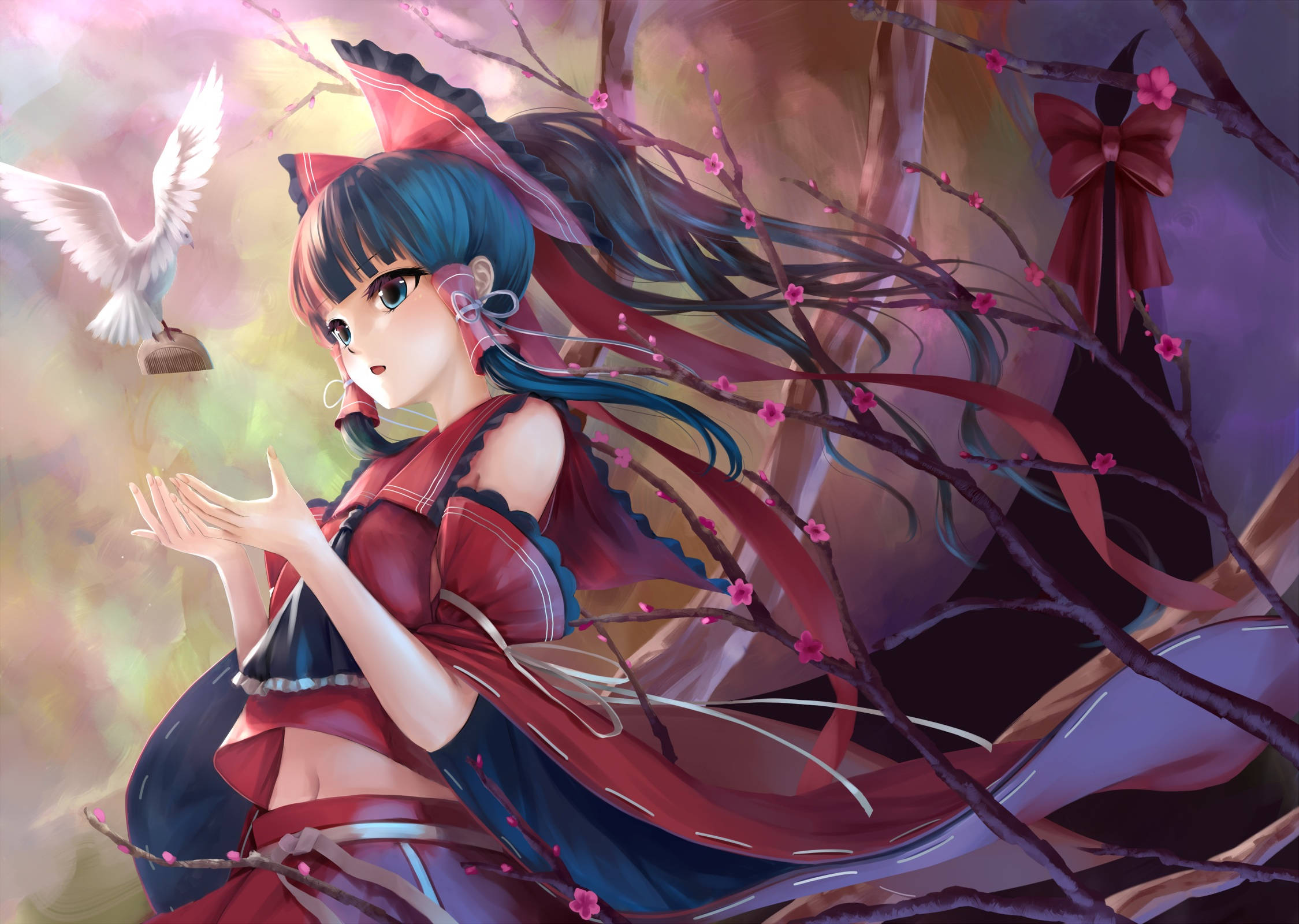 東方Project角色博麗靈夢 壁紙 — 一位藍髮動漫女孩穿著紅色傳統服裝，輕輕伸出手，一隻白鳥飛近櫻花枝條。