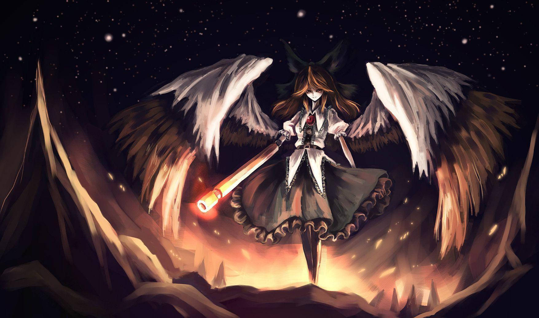 東方Project角色宇佐見綾音 壁紙 — 一位深色頭髮的動漫女孩，擁有巨大的白色和棕色翅膀，站在星空下燃燒的懸崖頂上，手持發光法杖。