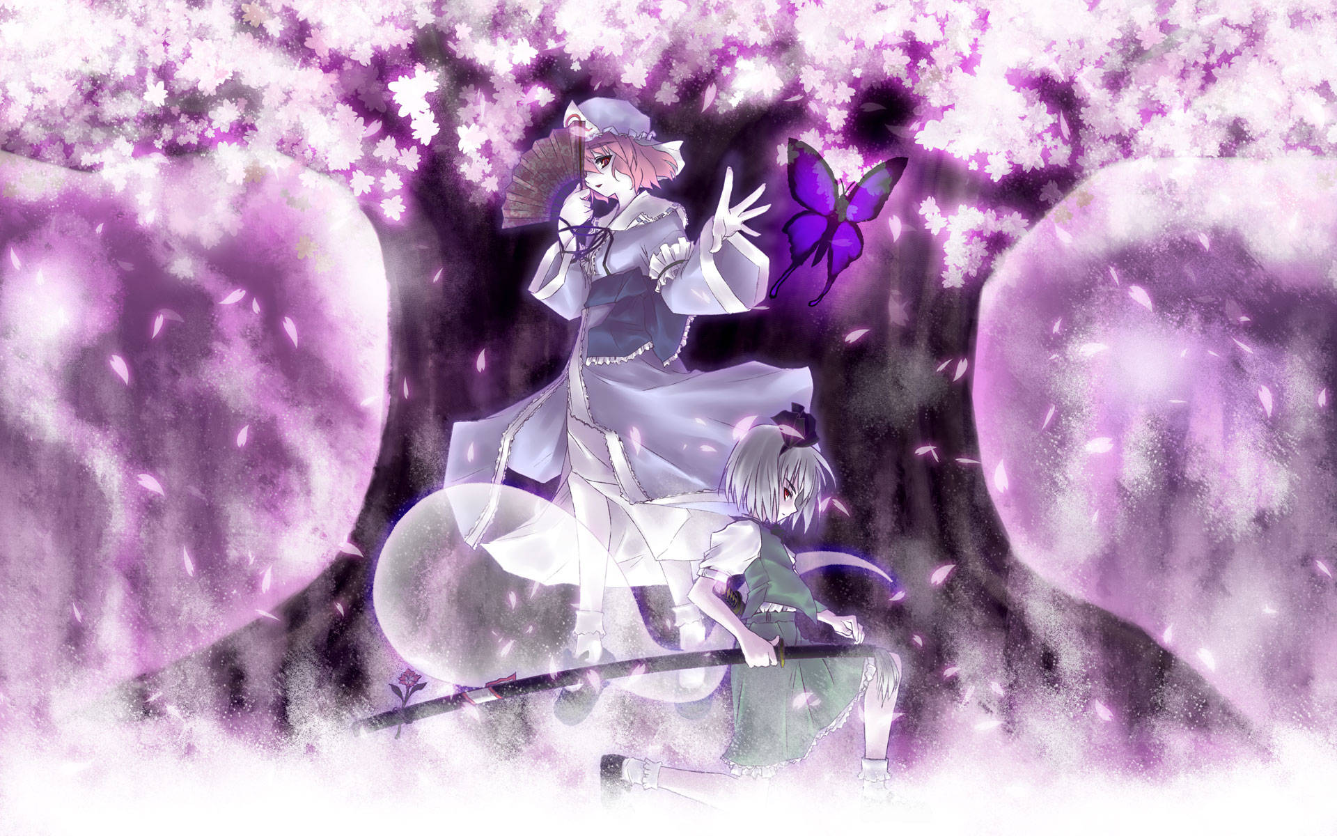 東方Project角色矢田寺可奈與妖夢 壁紙 — 兩個動漫角色站在盛開的櫻花樹下，紫色花瓣在他們周圍飄落，附近有一隻發光的蝴蝶。