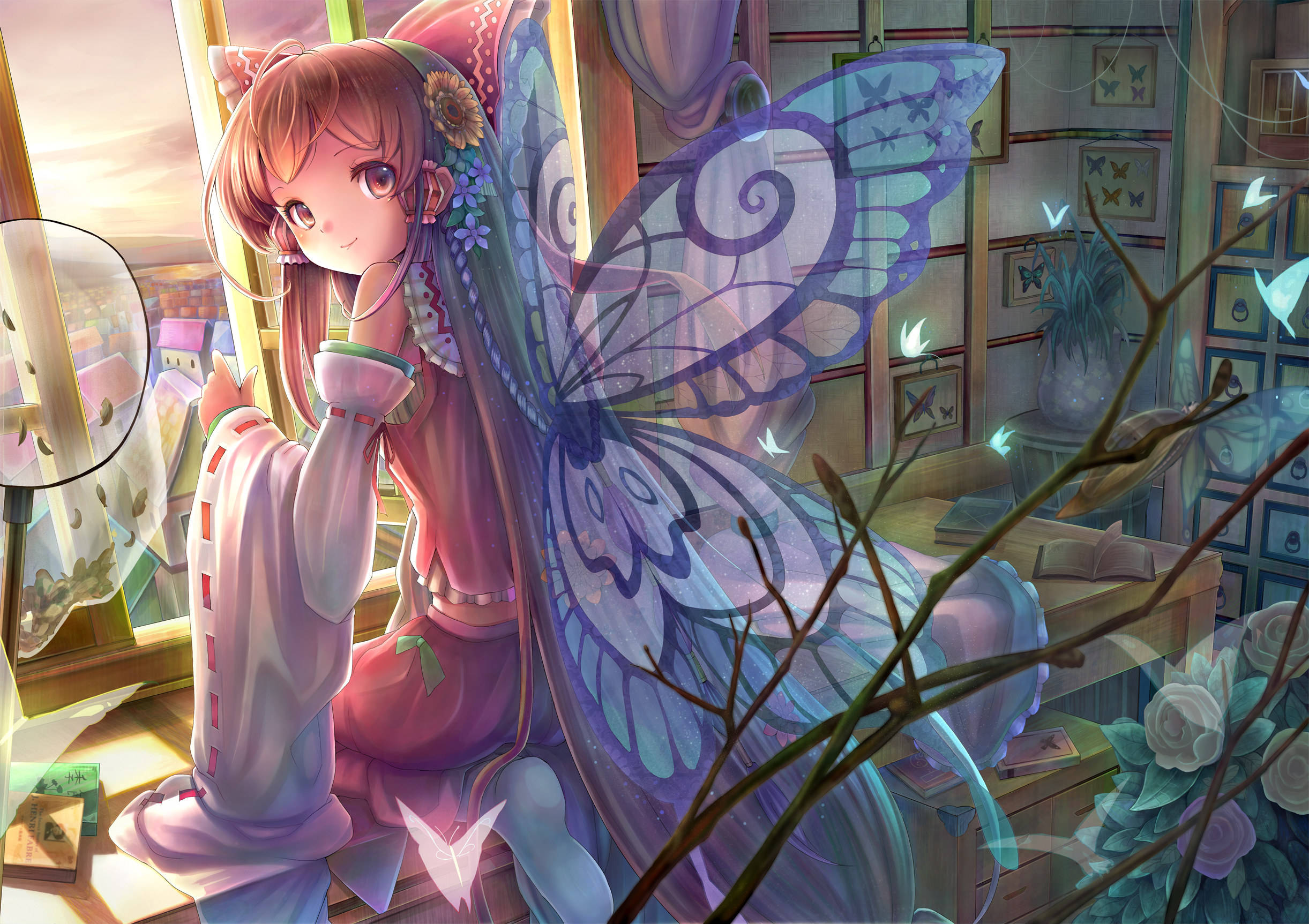 東方Project遊戲角色博麗靈夢 壁紙 — 一個可愛的動漫女孩，長著蝴蝶翅膀，在一個充滿鮮花和書籍的舒適、陽光明媚的房間裡啜飲茶。