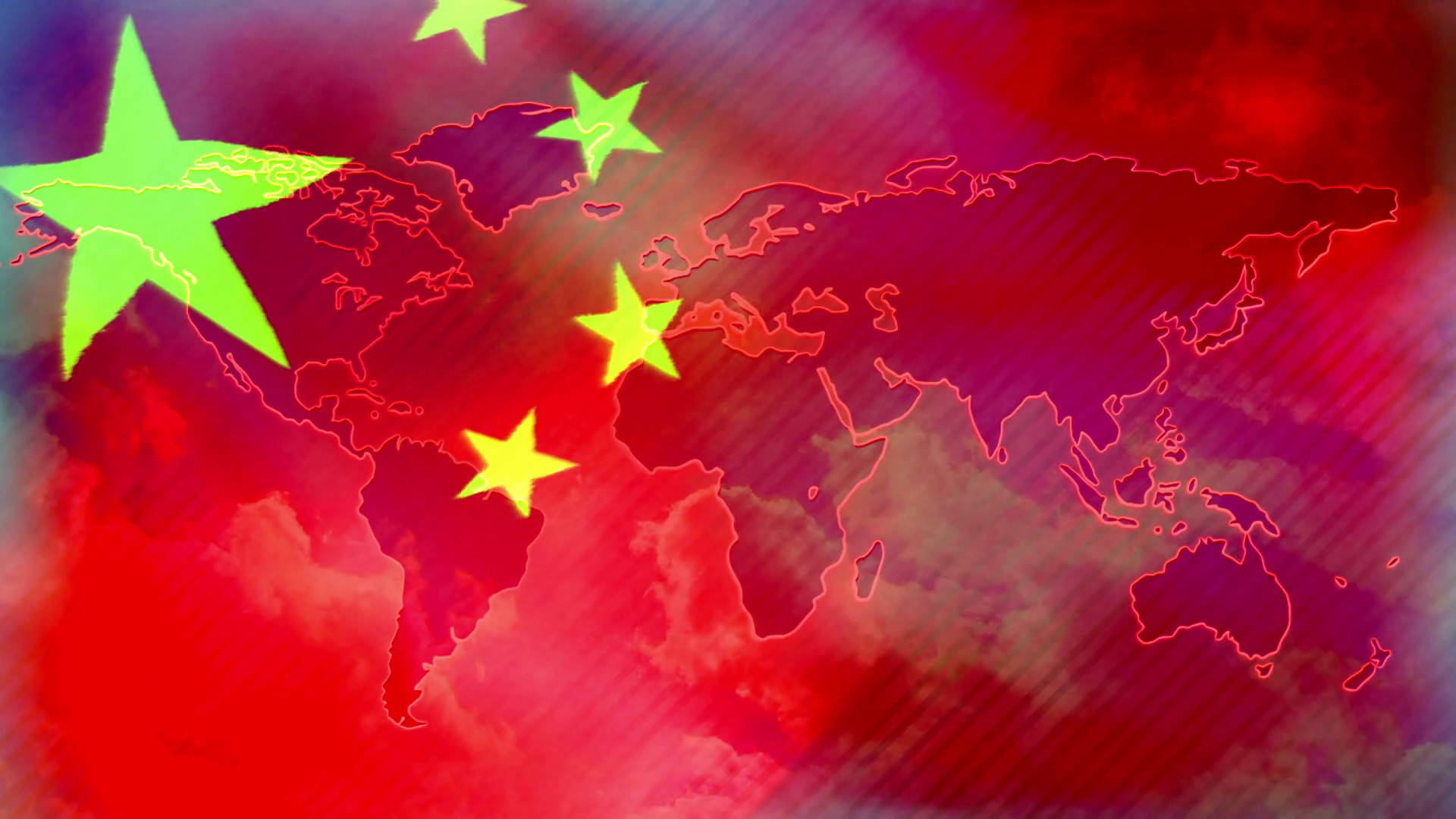 東方之驕：中國國旗與亞洲大陸 壁紙 — 一個風格化的世界地圖，以紅色勾勒輪廓，並疊加了中國國旗上發光的綠色星星，背景是火紅和紫色的天空。