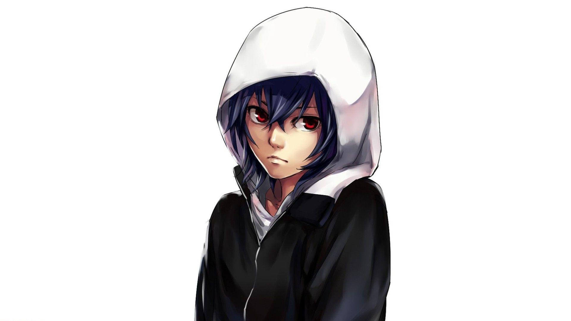 東方凪動漫少女連帽衫 壁紙 — 一個莊嚴的動漫角色，黑髮紅眼，穿著帶白色帽子的黑色連帽衫，背景為純白色。