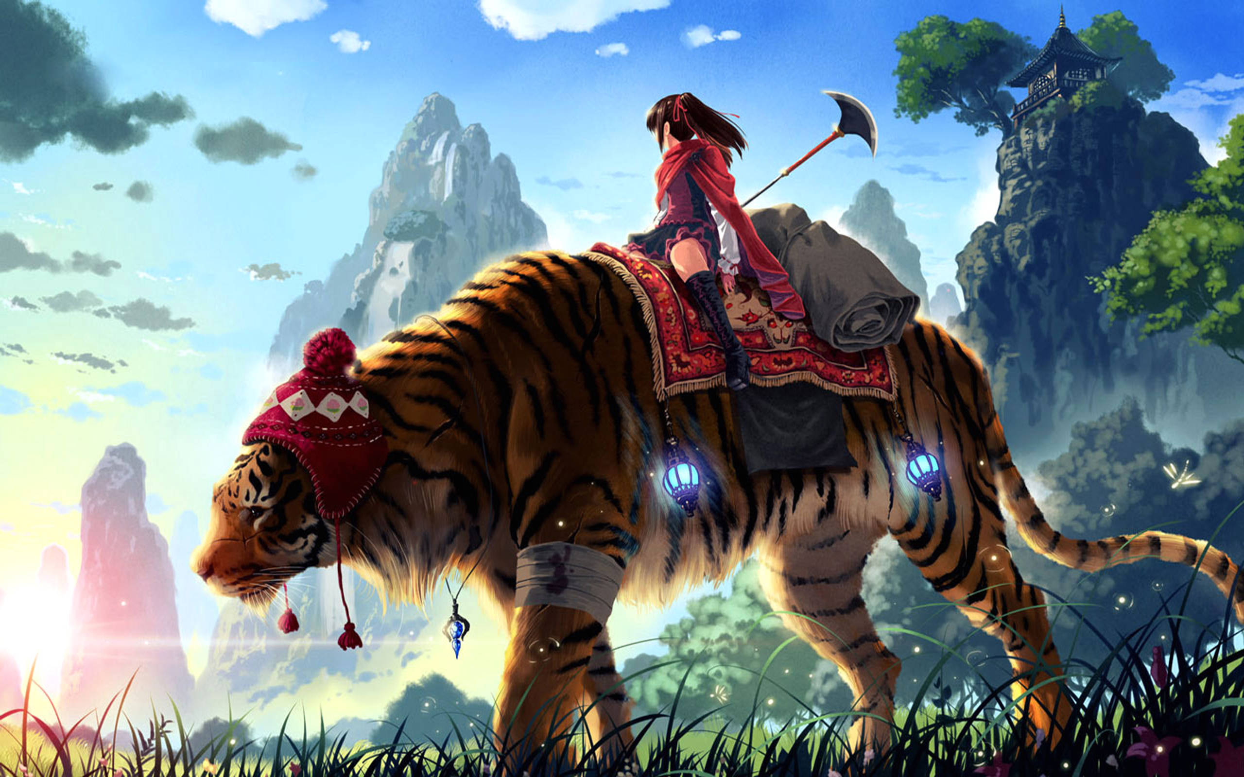 東方奇幻藝術 2560x1600 壁紙 — 一位女戰士騎著雄偉的老虎穿過一個奇幻的山谷，山谷中有漂浮的寶塔和發光的燈籠。