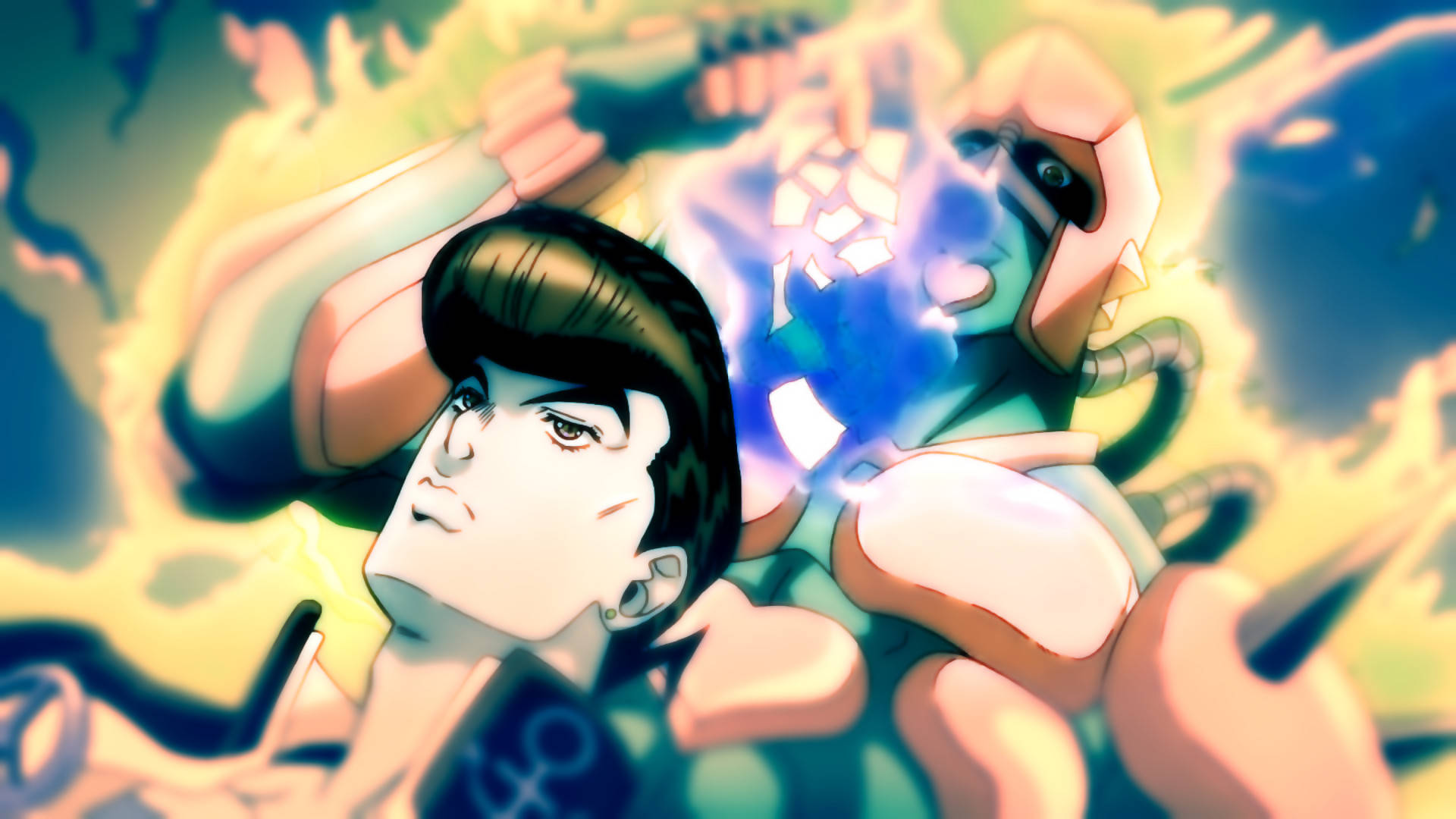 東方定助與 Crazy Diamond 壁紙 — 一個充滿動感的動漫場景，一個堅定的年輕人在熾熱的黃色能量中面對一個發光的藍色裝甲對手。