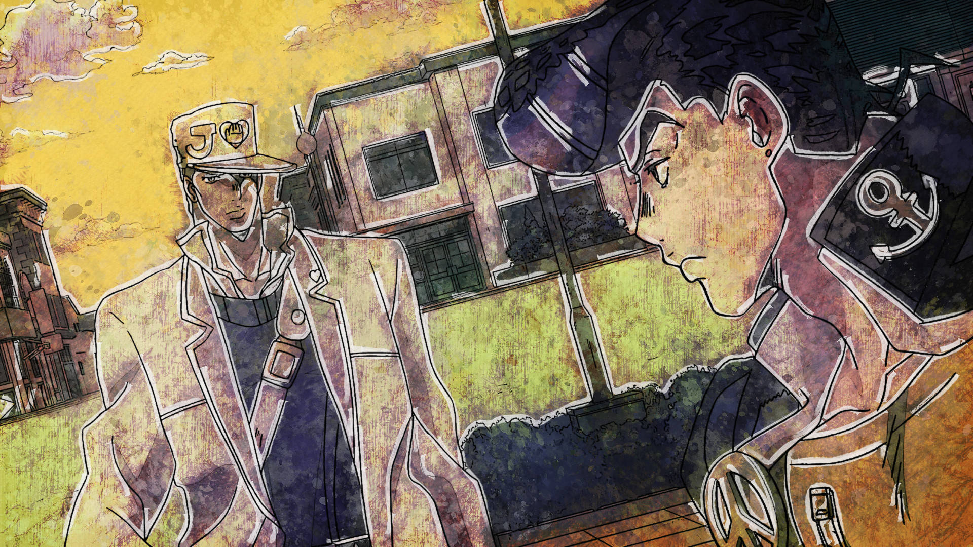 東方定助與 Jotaro 相望 壁紙 — 兩個動漫角色身處在粗糙的城市小巷，上方是溫暖的黃色天空，帶有紋理筆觸。