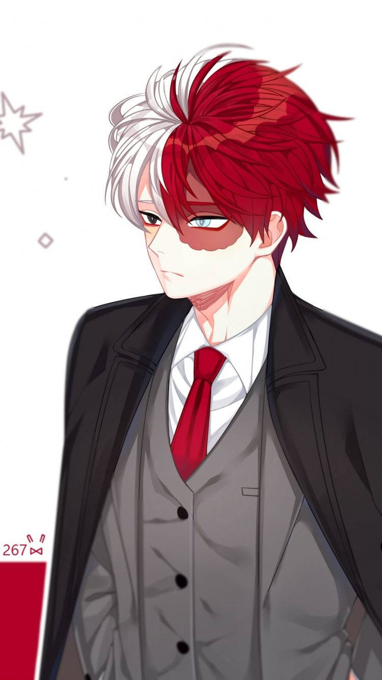 東方持國可愛禮服 壁紙 — 紅白髮的動漫男孩穿著正式西裝，在純色背景上以強烈的目光看向別處。