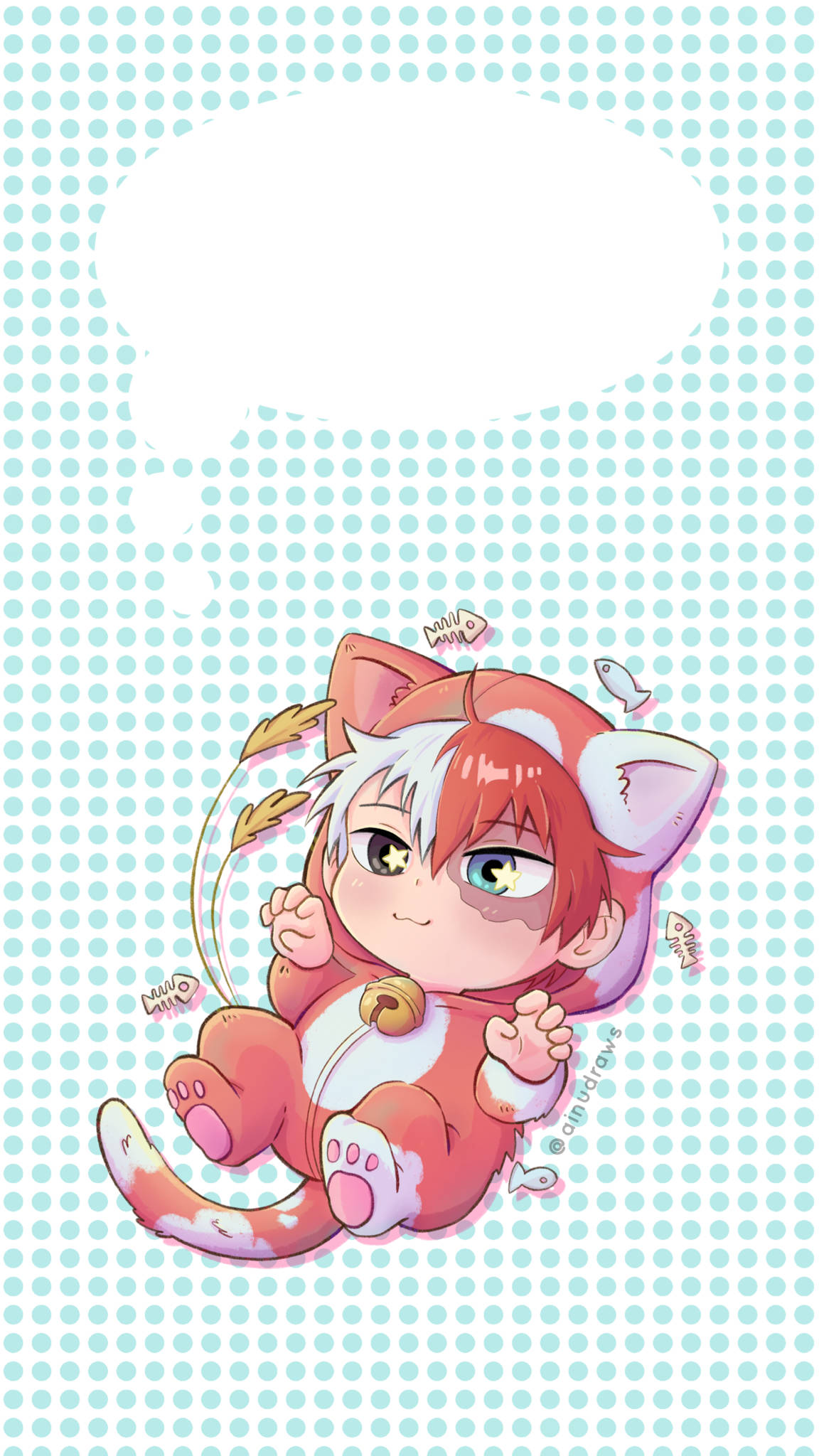 東方持花可愛Q版 壁紙 — 一個可愛的Q版動漫角色，紅髮貓耳，坐在淺藍色圓點背景上的泡泡裡。