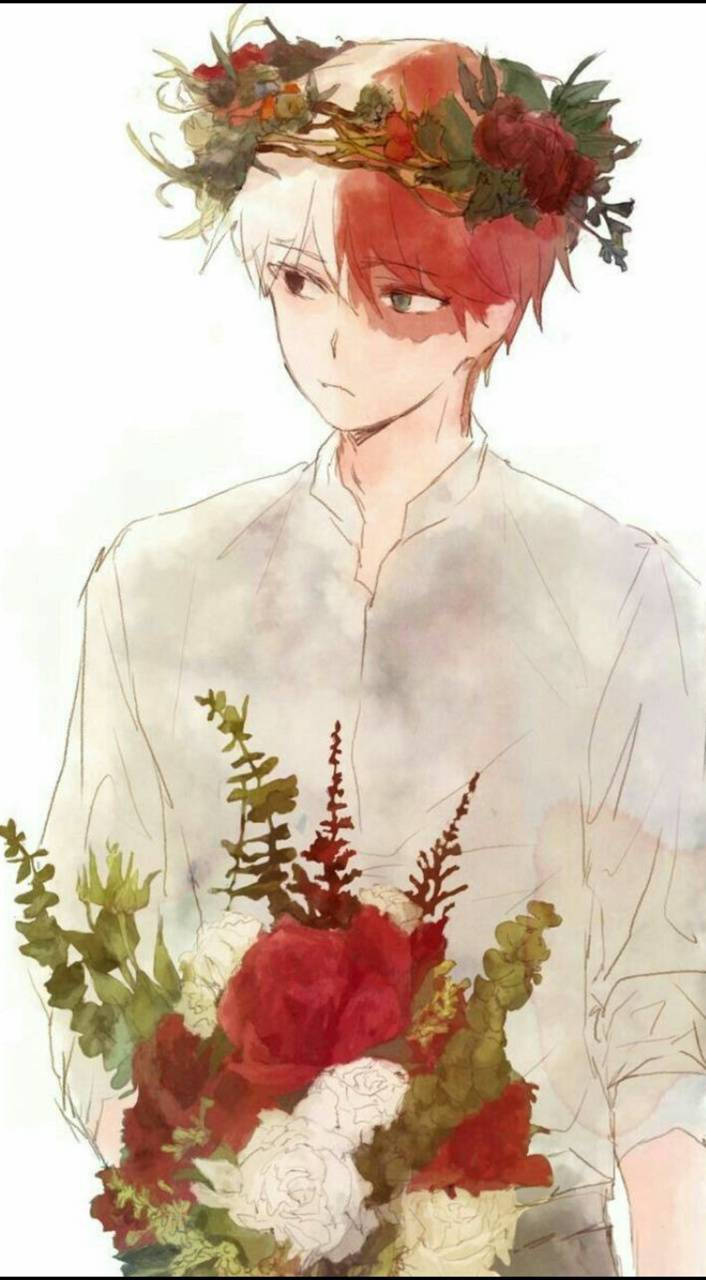 東方持花可愛概念 壁紙 — 一個紅髮的年輕動漫男孩戴著花冠，在柔和的水彩背景前拿著一束紅白玫瑰。