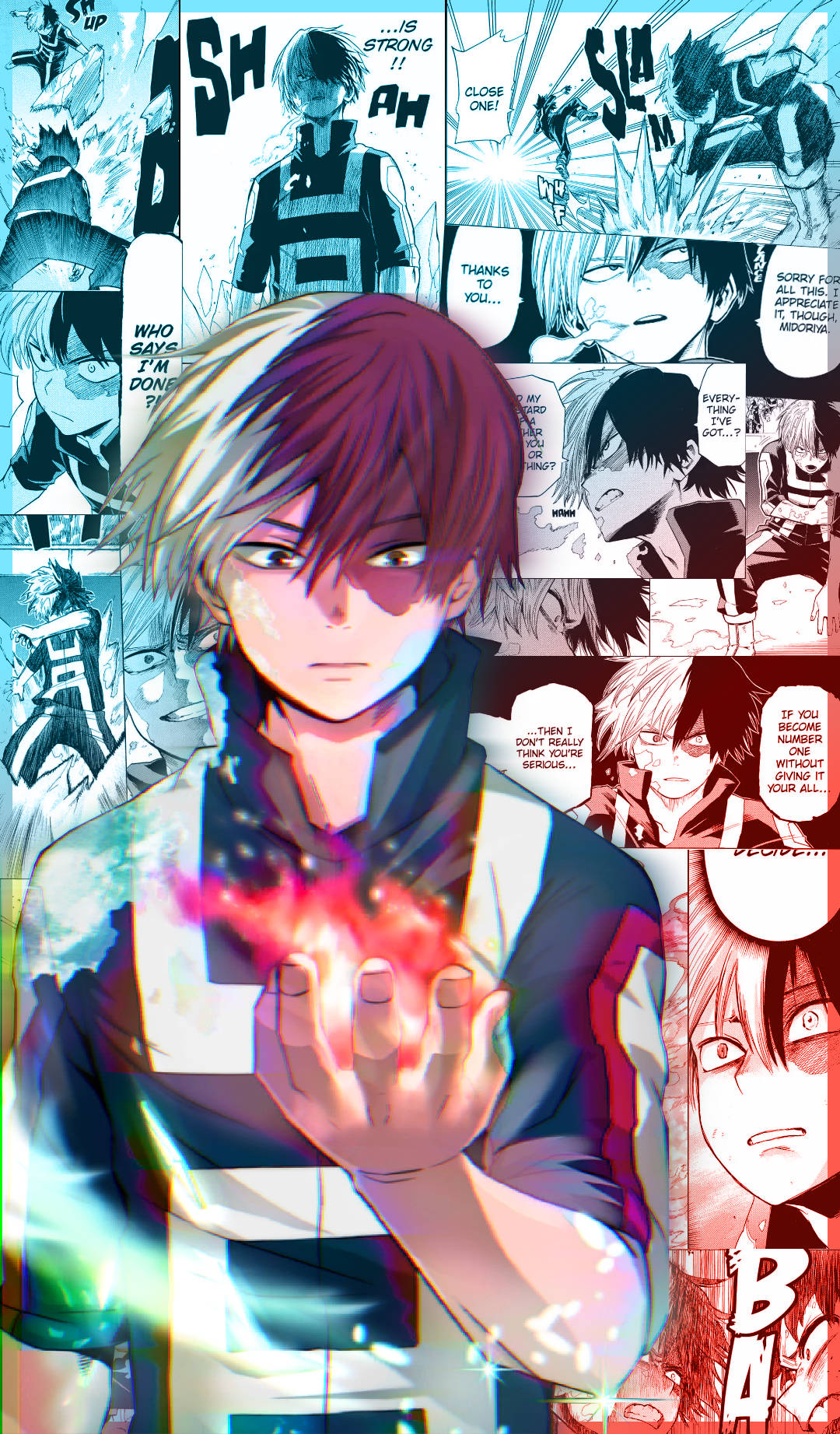 東方持花可愛漫畫風格 壁紙 — 一個堅定的動漫男孩，紅白頭髮，手中握著發光的能量，背景是漫畫面板。