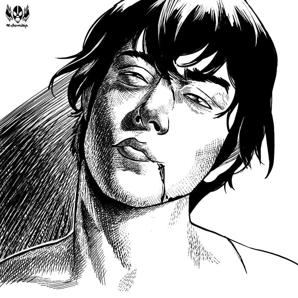 東方末的傷痕滿面 壁紙 — 一幅清晰的黑白插圖，描繪一個頭髮凌亂、嘴角流血的人。