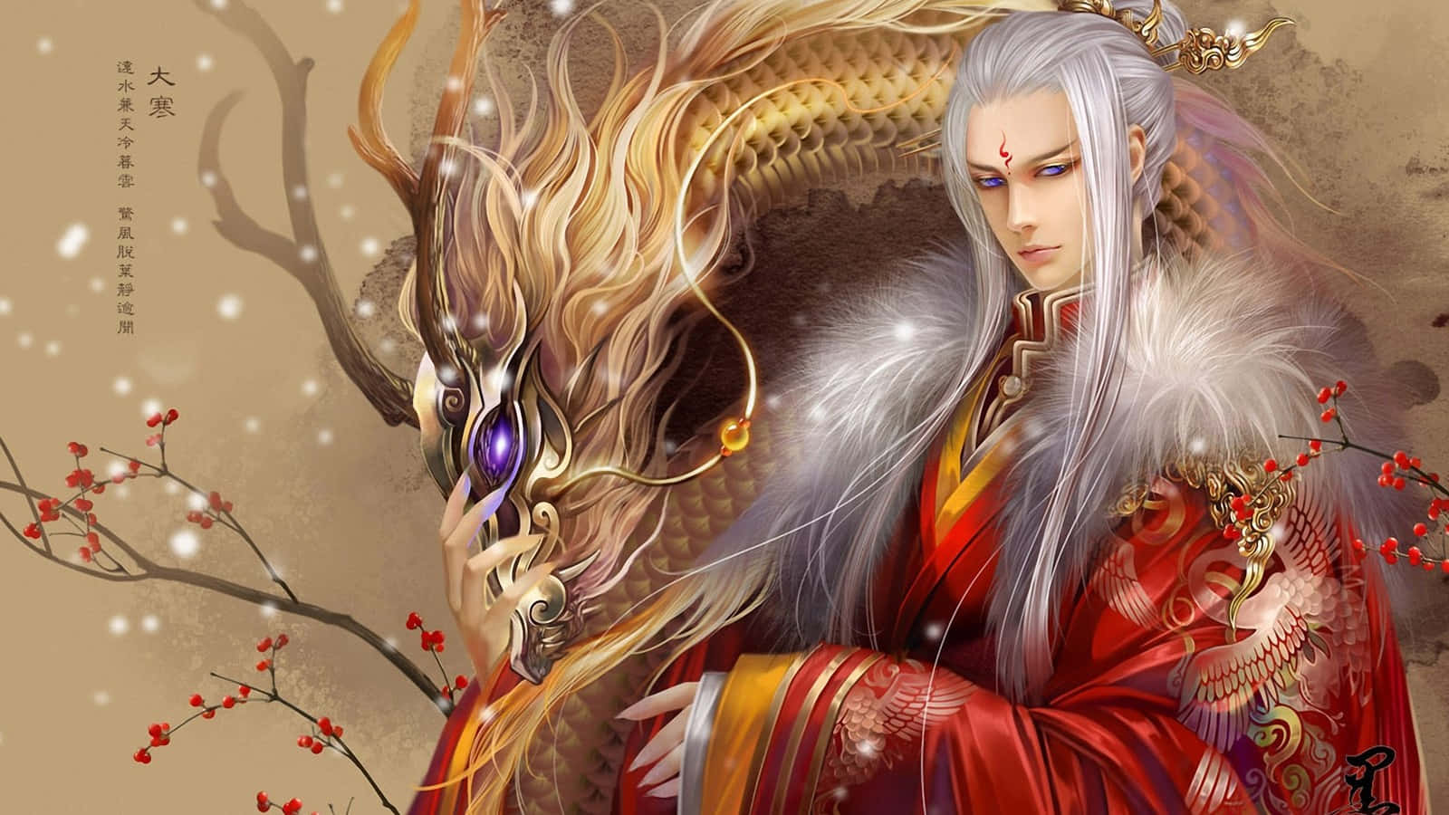 東方王子與金龍 壁紙 — 一位白髮威嚴的人物身穿紅袍，在飄雪和櫻花中手持發光的龍面具。