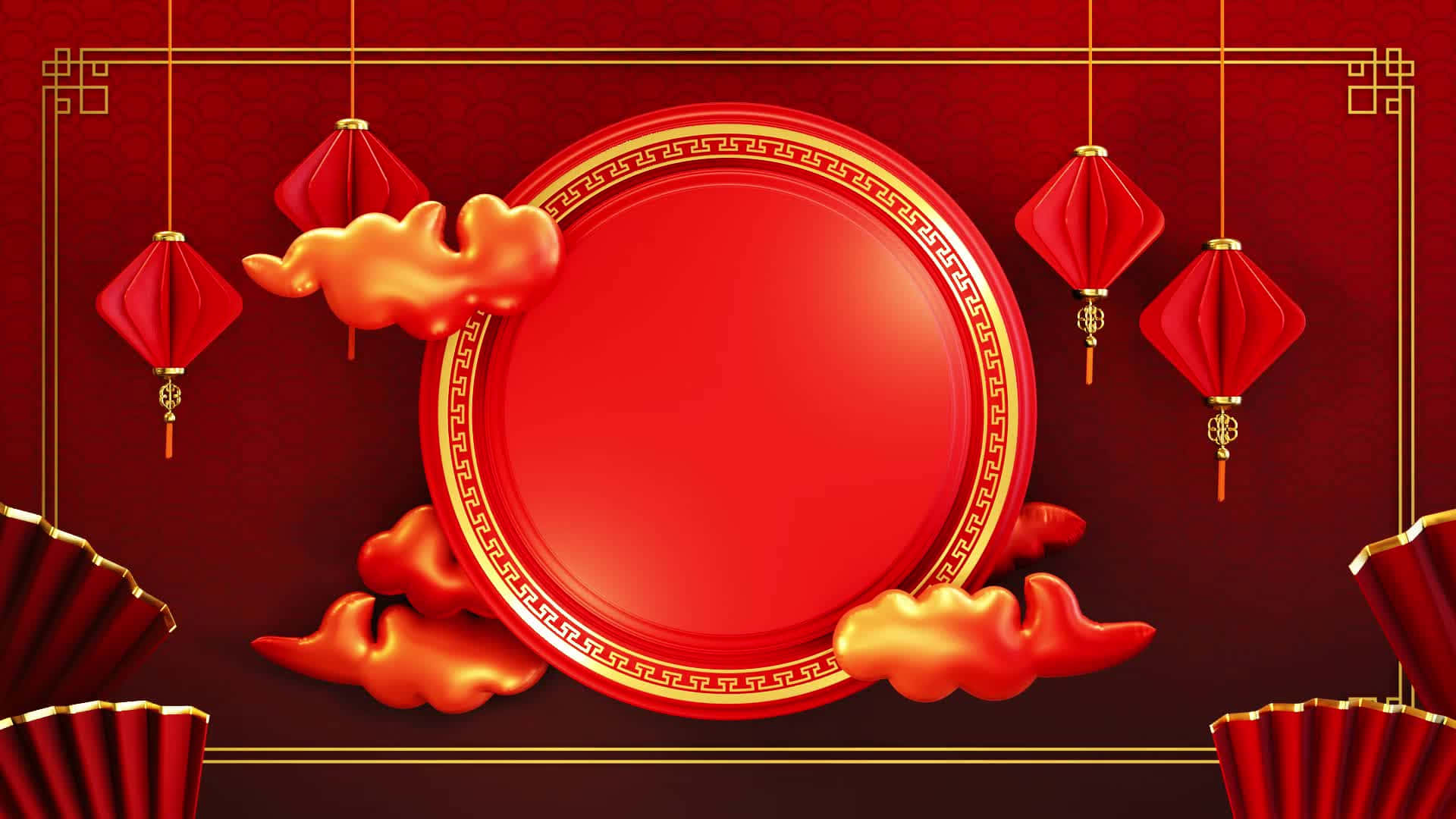 東方輝煌：細緻華麗的亞洲背景 壁紙 — 一個華麗的紅色圓形框架，帶有金色邊框和華麗的雲紋圖案，周圍環繞著懸掛的燈籠和扇子，背景為深紅色。