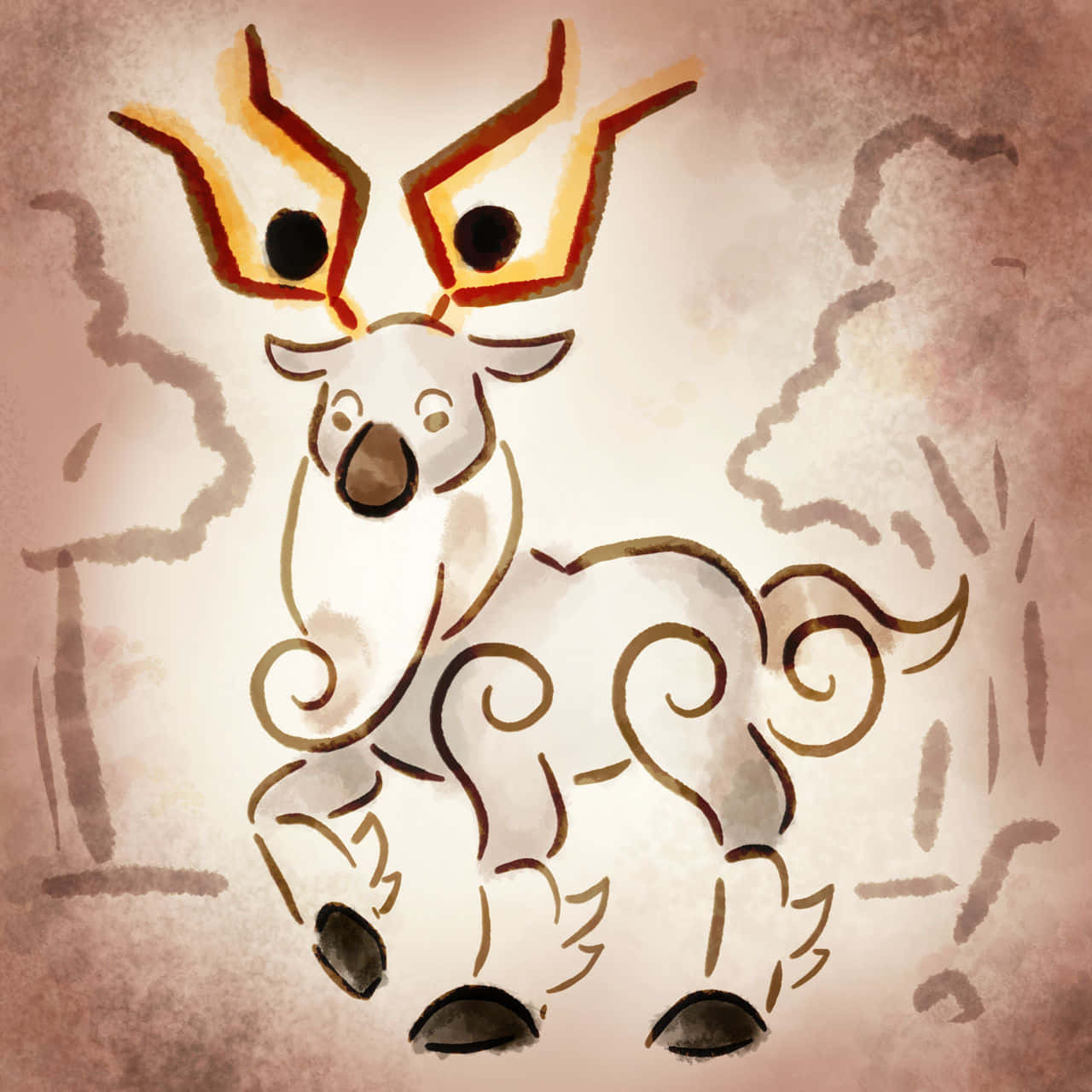 東方風格的Wyrdeer 壁紙 — 一隻風格化的鹿，帶有發光的橙色鹿角，站在柔和的水彩畫中，背景有抽象的樹木剪影。