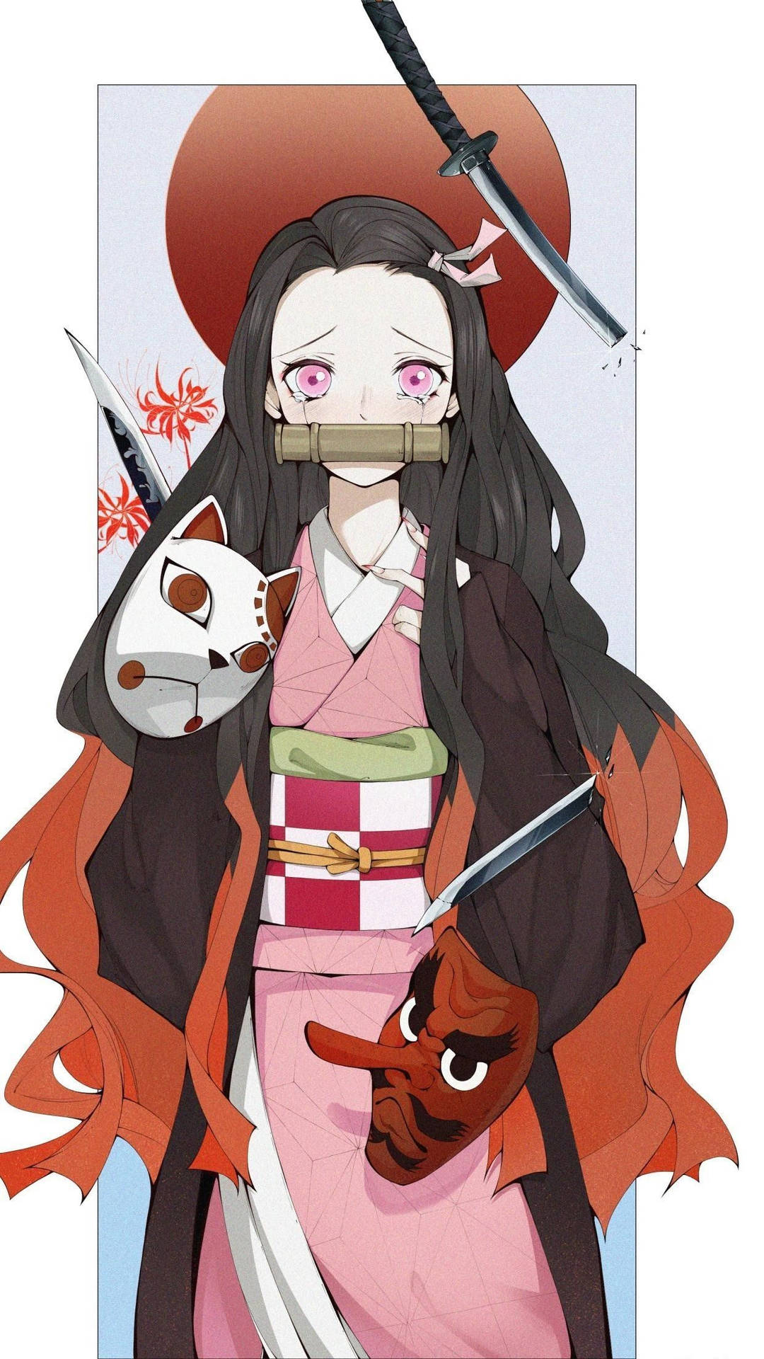 穿著和服的動漫戰士少女在紅日下手持狐狸面具和劍。