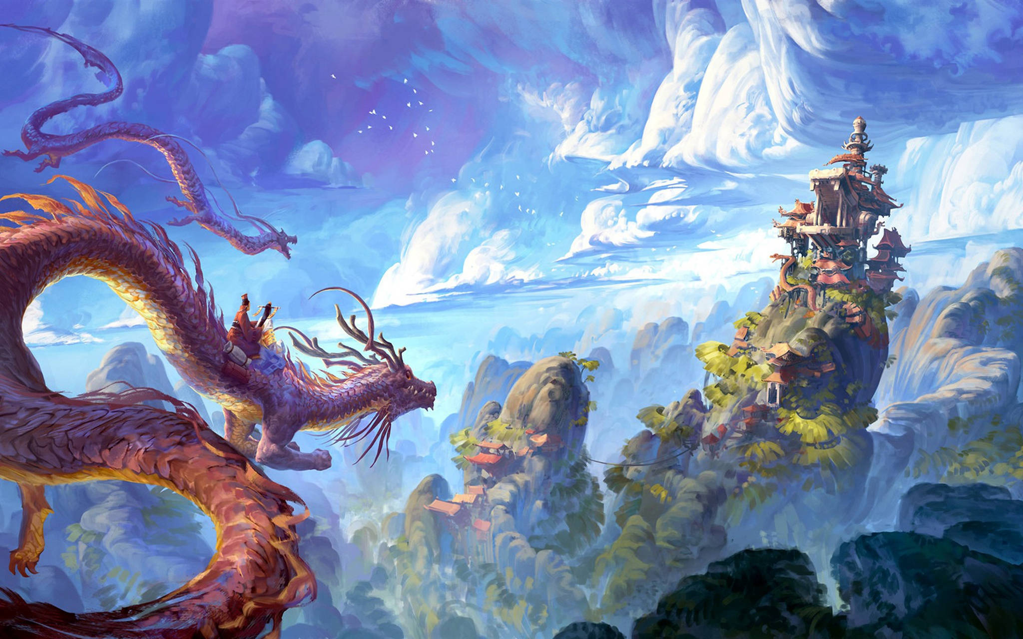 東方龍奇幻之地 壁紙 — 一頭雄偉的紫色巨龍在霧氣瀰漫的天空中翱翔於浮空山村之上。