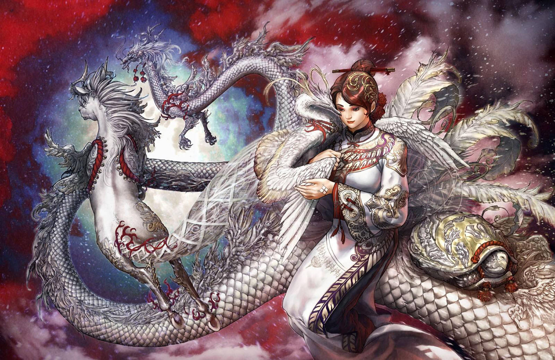 東方龍守護中國少女 壁紙 — 一位高貴的女性，擁有天使翅膀和華麗盔甲，騎著雄偉的銀龍，背景是宇宙紅藍星雲的天空。