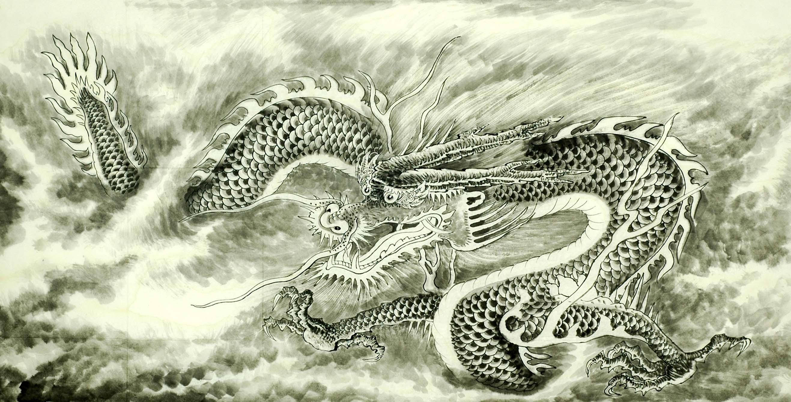 東方龍水墨畫 壁紙 — 一隻以墨水繪製的雄偉龍，盤繞在旋轉的雲層中，鱗片精細，表情兇猛。