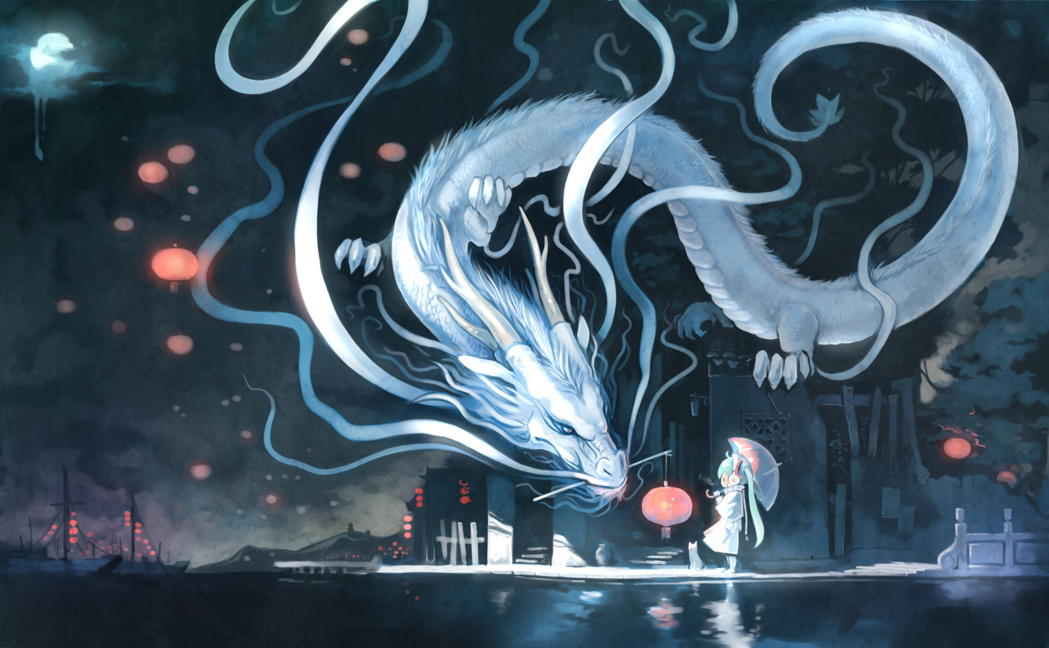 東方龍與初音未來 壁紙 — 一條發光的白龍盤旋在一個孤獨的身影上方，該身影在月光下提著燈籠，周圍漂浮著紅色燈籠。