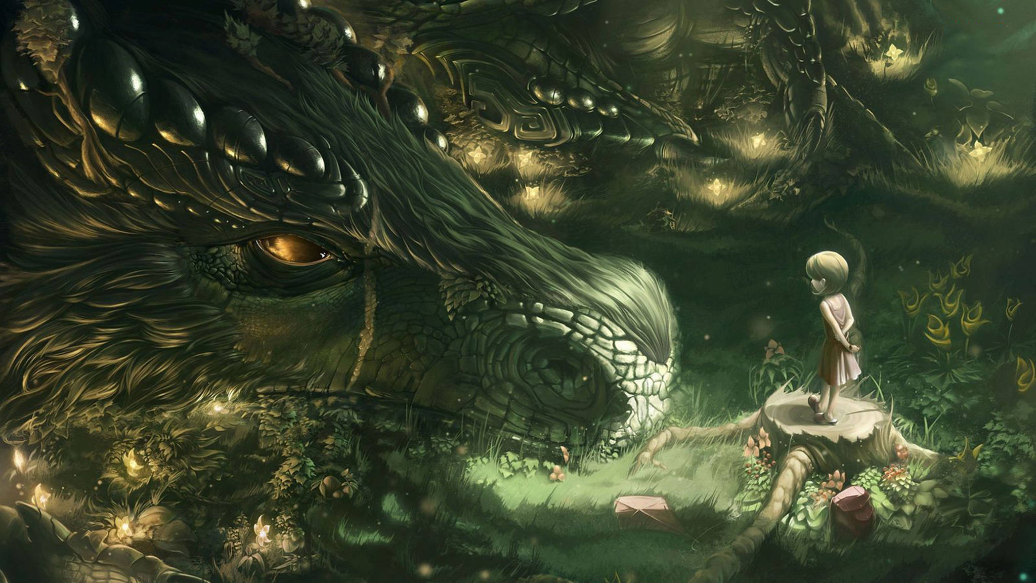 東方龍與孩童 壁紙 — 一個孤獨的孩子站在長滿苔蘚的樹樁上，面對著一條蜷縮在茂密、發光森林中的巨大沉睡巨龍。
